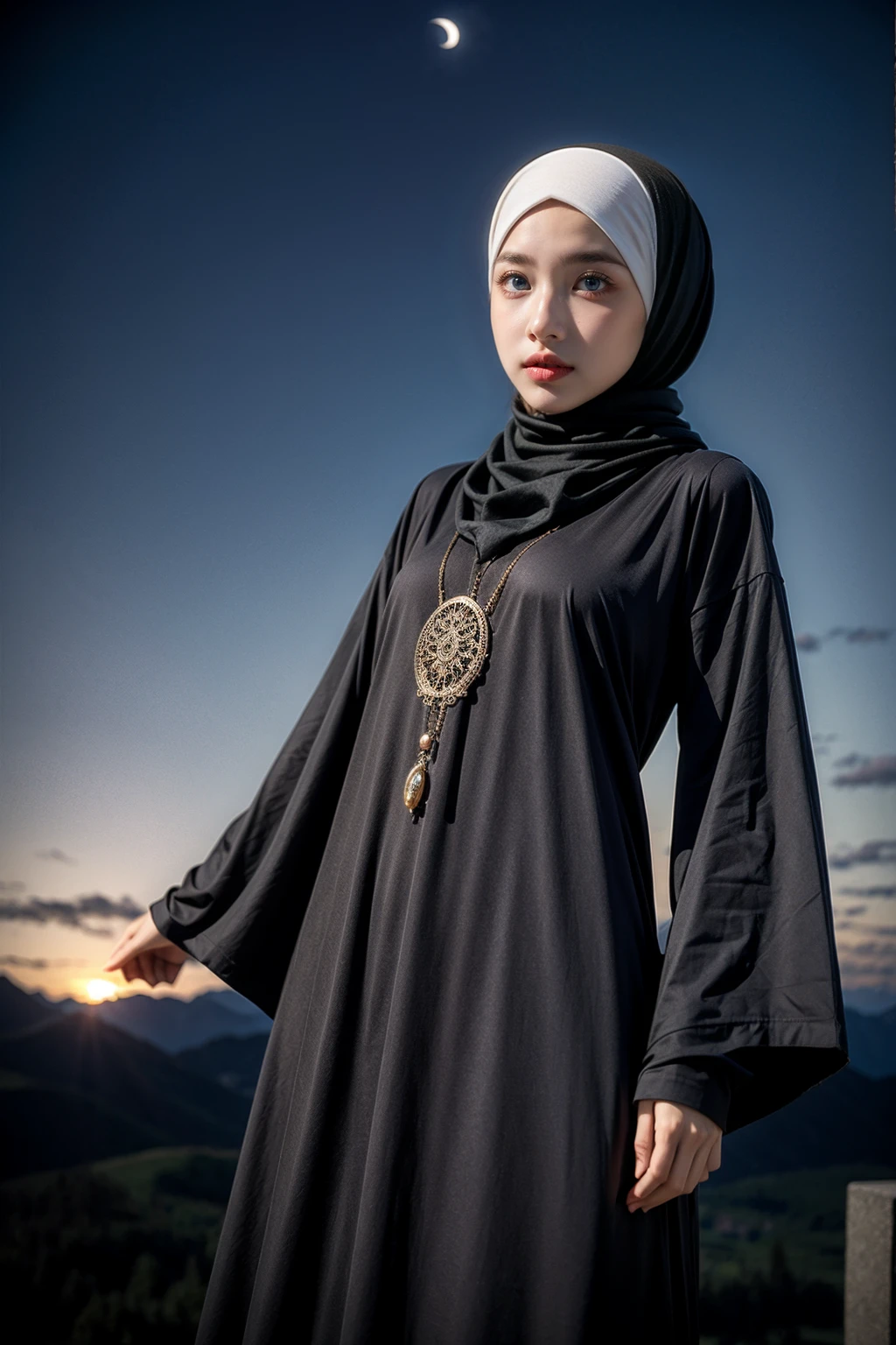 (Half-body:1.1), (loli:1.5), long tshirt Outfit, (RAW photo, Materpiece, Best Quality), (hijab:1.4), (headscarf:1.2), Flower Mountain, Landscape view, Galaxy Blackhole style, on the skies wave, The unknown existence of the seventh heaven, Clothes that are covered and polite, long-sleeved Hijab clothes, look polite and elegant, ((Best Quality Hijab Hair, Hair close with Hijab))