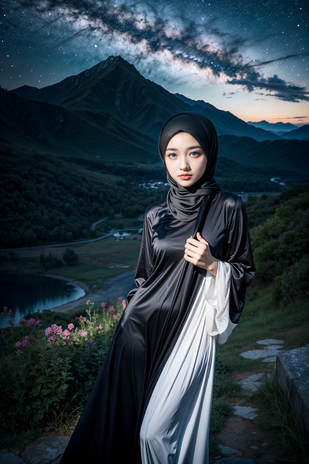 (Half-body:1.1), (loli:1.5), long tshirt Outfit, (RAW photo, Materpiece, Best Quality), (hijab:1.4), (headscarf:1.2), Flower Mountain, Landscape view, Galaxy Blackhole style, on the skies wave, The unknown existence of the seventh heaven, Clothes that are covered and polite, long-sleeved Hijab clothes, look polite and elegant, ((Best Quality Hijab Hair, Hair close with Hijab))