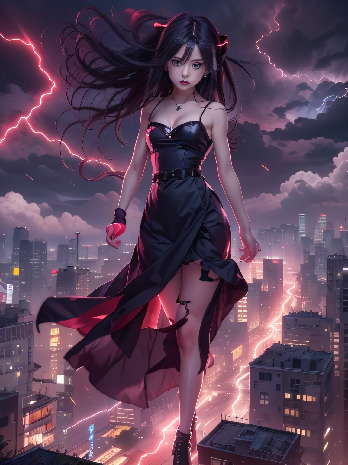 Gothic black girl - Rowley floating in the city with lightning,Gothloli albino girl floating in the city with one hand,Mulher no vestido preto com cabelo vermelho e preto, Gothic maiden girl, menina no vestido preto, 1 menina de 7 anos,old goth girl, an elegant gothic princess, Arte no estilo de Guweiz, No estilo de arte de Bowater, dreamy gothic girl, 8k arte detalhada de alta qualidade, gothic art style, wearing a gothic dress,fechamento,wearing underwear,olhos vermelhos,olhando para baixo,cabelos brancos,vento,head tilt,cabelos brancos, cabelos prateados, cabelos longos, franja contundente, Cabelos lisos, cabelo grande, cabelos expressivos, (Olhos vermelhos que brilham intensamente:1.8), Olhos para baixo, (olhos vermelhos:1.5),Seios pequenos,Perna fina,louco, desiludido,Tiros largos,Wide angles,Tiro lateral,3 view,,(Close up retrato de uma pessoa em um vestido preto voa sobre a cidade:1.7),Pessoas fugindo das ruas movimentadas de uma cidade repleta de lojas々々々々々々々々々, rua movimentada, Rua lotada de gente, fotografia da rua da cidade, japanese downtown, Traditional cities in Japan, ruas movimentadas,paisagem urbana movimentada, cidade movimentada, lotado de pessoas, Ruas movimentadas na lua, ruas lotadas, Shutterstock, Movimentadas ruas de cidades pequenas,mau tempo、A huge amount of purple lightning came out of the girl&#39;s hand and hit the city,Dark clouds cover the city pierced by clouds of lightning, lightning clouds, Atmospheric lightning, Pink Lightning, with thunderstorms, Dark storm with lightning, Dramatic purple lightning, Lightning in the sky, contrast lightning, thunderstorm in the sky, lightning in the background, with lightning bolts, Tempo tempestuoso com raios, Top volumetric lighting,Efeito de usar aura roxa,(Control a large number of beams with open arms:1.4),Destroy the city with a girl&#39;s lightning attack,Chamado nariz,Lightning effect on both hands,Countless balls glowing purple around the girl,goddess of lightning, tempestade, storm outside, Ela atrai muitos raios roxos,