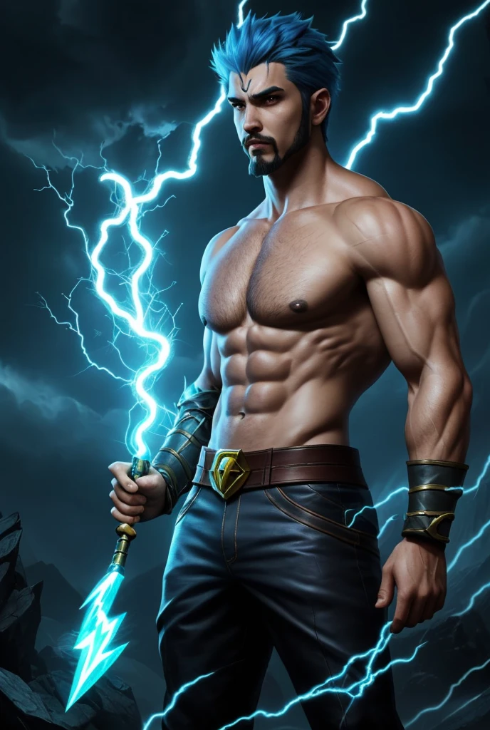 League of Legends character with goatee with lightning magic in 4K muscular scene and short social hair