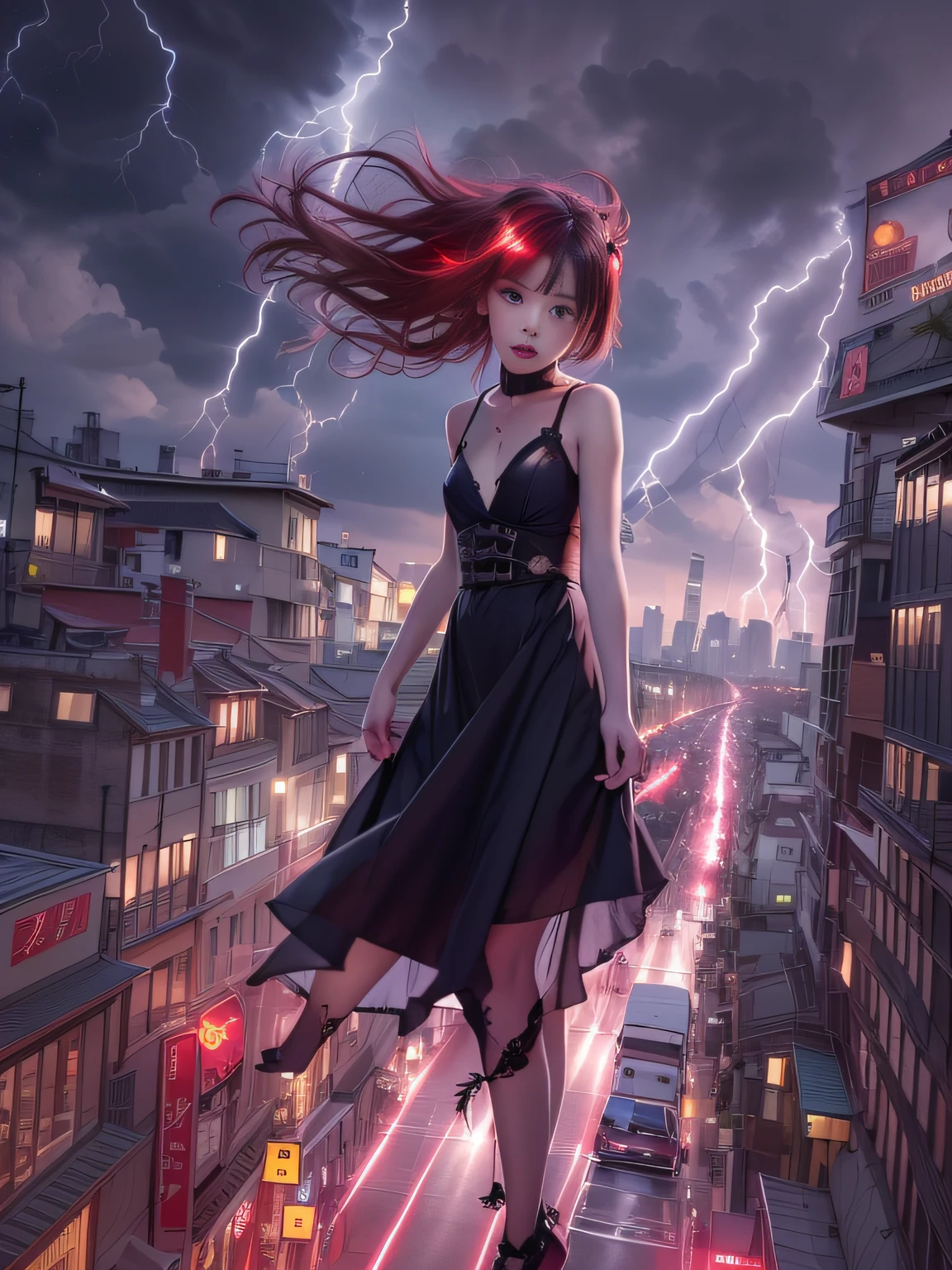 Gothic black girl - Rowley floating in the city with lightning,Gothloli albino girl floating in the city with one hand,Mulher no vestido preto com cabelo vermelho e preto, Gothic maiden girl, no vestido preto, 1 meninaoth girl, an elegant gothic princess, Arte no estilo de Guweiz, No estilo de arte de Bowater, dreamy gothic girl, 8k arte detalhada de alta qualidade, gothic art style, wearing a gothic dress,fechamento,wearing underwear,olhos vermelhos,olhando para baixo,cabelos brancos,vento,head tilt,cabelos brancos, cabelos prateados, cabelos longos, franja contundente, Cabelos lisos, cabelo grande, cabelos expressivos, (Olhos vermelhos que brilham intensamente:1.8), Olhos para baixo, (olhos vermelhos:1.5),Seios pequenos,Perna fina,louco, desiludido,Tiros largos,Wide angles,Tiro lateral,3 view,,(Close up retrato de uma pessoa em um vestido preto voa sobre a cidade:1.7),Pessoas fugindo das ruas movimentadas de uma cidade repleta de lojas々々々, rua movimentada, Rua lotada de gente, fotografia da rua da cidade, japanese downtown, Traditional cities in Japan, ruas movimentadas,paisagem urbana movimentada, cidade movimentada, lotado de pessoas, Ruas movimentadas na lua, ruas lotadas, Shutterstock, Movimentadas ruas de cidades pequenas,mau tempo、A huge amount of purple lightning came out of the girl's hand and hit the city,Dark clouds cover the city pierced by clouds of lightning, lightning clouds, Atmospheric lightning, Pink Lightning, with thunderstorms, Dark storm with lightning, Dramatic purple lightning, Lightning in the sky, contrast lightning, thunderstorm in the sky, lightning in the background, with lightning bolts, Tempo tempestuoso com raios, Top volumetric lighting,Efeito de usar aura roxa,(Control a large number of beams with open arms:1.4),Destroy the city with a girl's lightning attack,Chamado nariz,Lightning effect on both hands,Countless balls glowing purple around the girl,goddess of lightning, tempestade, storm outside, Ela atrai muitos raios roxos,
