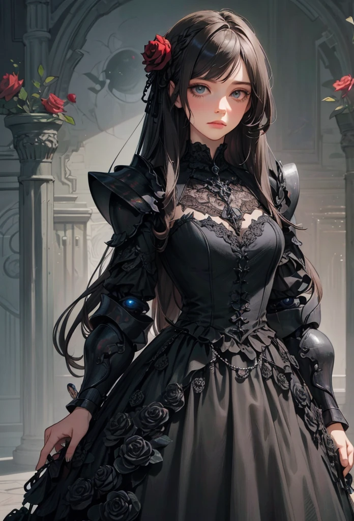 (Detailed illustrations,Very detailed and detailed drawing,Delicate lines with slow and rapid,Realistic texture expression),[Color tressed main line],[Ruins of a super-ancient civilization],[ANIME] (MACHINEAlice Beauty ) stright long hair [AUTOMATON],([Black Rose] Black dress) (Cyber Alien Armor [Through the material]) [caltrop] chains [Titanium alloy] [[Through the material]],Cybernetic Gothic Lolita,(Intricate and beautiful decoration [Dense detail]),(Fine and beautiful skin expression [Transparency]),[Perfect eye details (Iris beautifully drawn in every detail)[Jewel-like eyes]],[long and beautiful eyelashes],[Meticulously drawn hair [More on beautiful and shiny hair]],(Perfect hand details [Beautiful fingers without breakdowns [Beautiful nails]]),(Perfect Anatomy(Perfectly proportioned))[[Full body like]],[[Design built to the highest level]][Ideal color coordination(Accurate simulation of light-material interactions)],([Precision Detail](detaileds,high-detail)),[Visual art that conveys a sense of narrative].