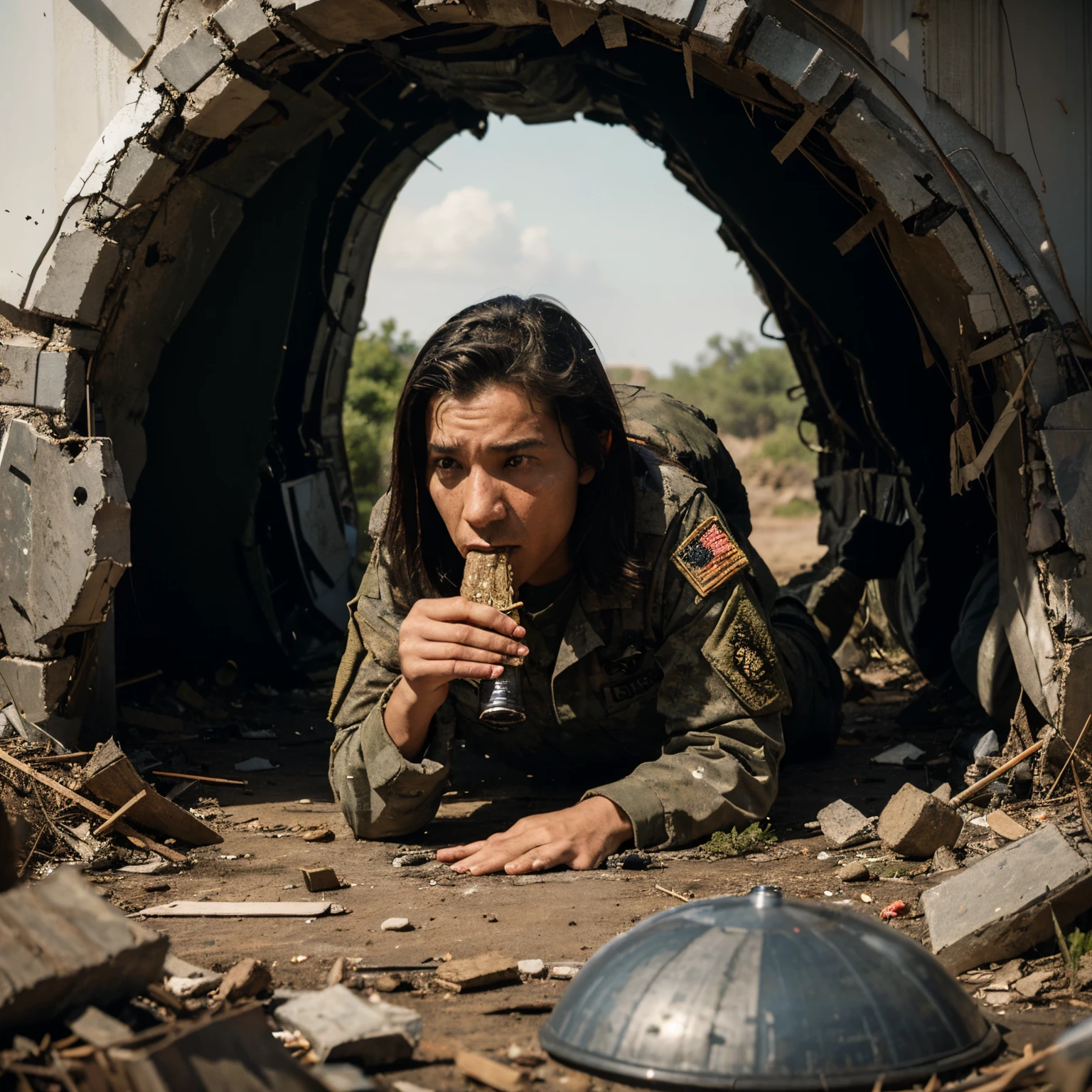 UFO sucking in debris as a guy in the army shots aliens