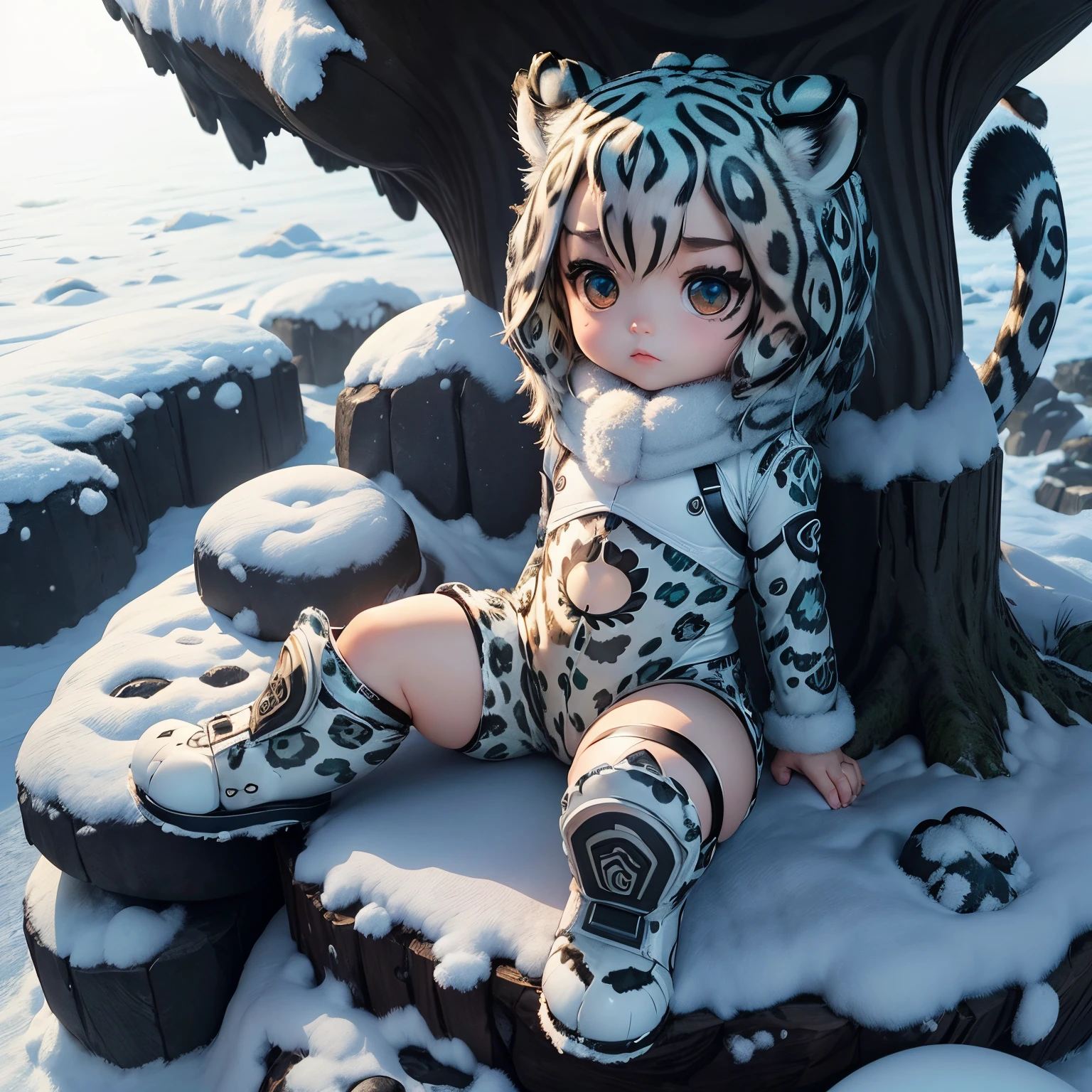 ​masterpiece、top-quality、ultra-detailliert、(Chibi Chara's Daughter:1.2),(snow leopard bodysuit:1.3),snow leopard ears,fairy tale snow forest,sit on a snowy rock,