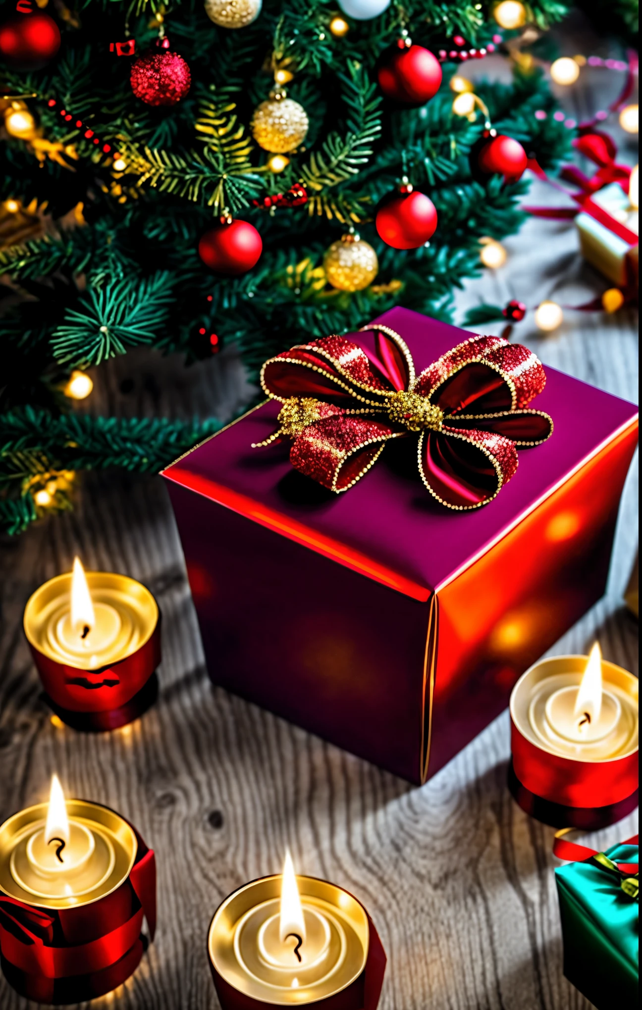(best quality,4k,8k,highres,masterpiece:1.2),ultra-detailed,realistic,gifts,table,Christmas tree,decorations,wrapping ,bows,ribbon,presents,holiday spirit,vibrant colors,warm lighting,cozy atmosphere,toys,cards,candles,snowflakes,joyful,celebration,exquisite details,exciting surprises,shiny ornaments,sparkling tinsel,beautifully wrapped,excited children,anticipation,festive mood,magical ambiance,delightful moment,wonderful memories,family gathering,cheerful faces,Christmas magic,extravagant,abundance of presents,HDR,UHD,studio lighting,ultra-fine painting,sharp focus,physically-based rendering,professional,vivid colors,bokeh.
