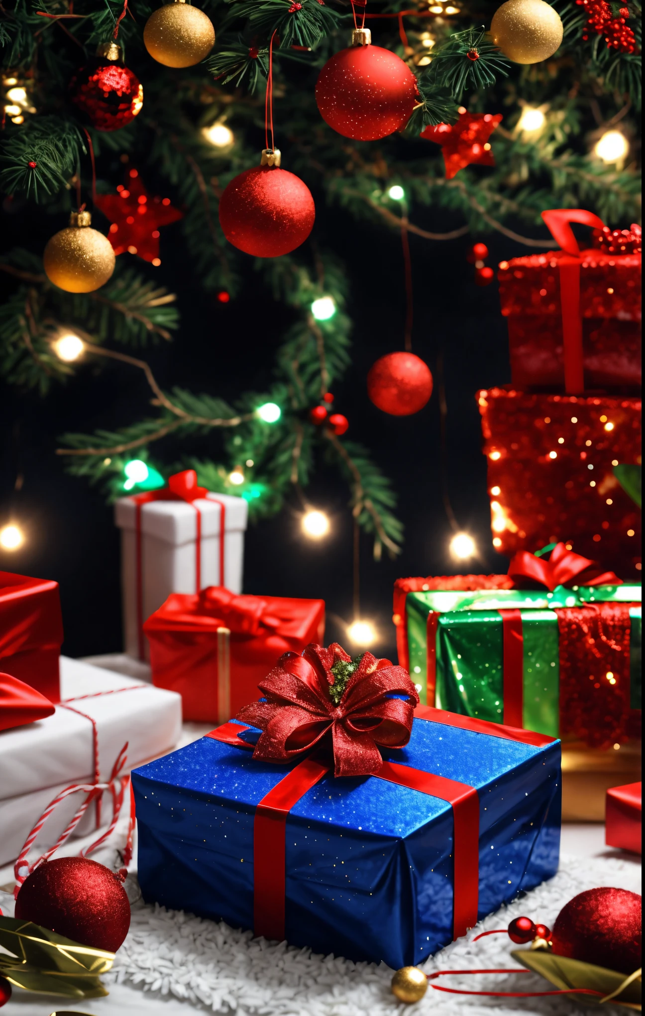 (best quality,4k,8k,highres,masterpiece:1.2),ultra-detailed,realistic,gifts,table,Christmas tree,decorations,wrapping ,bows,ribbon,presents,holiday spirit,vibrant colors,warm lighting,cozy atmosphere,toys,cards,candles,snowflakes,joyful,celebration,exquisite details,exciting surprises,shiny ornaments,sparkling tinsel,beautifully wrapped,excited children,anticipation,festive mood,magical ambiance,delightful moment,wonderful memories,family gathering,cheerful faces,Christmas magic,extravagant,abundance of presents,HDR,UHD,studio lighting,ultra-fine painting,sharp focus,physically-based rendering,professional,vivid colors,bokeh.