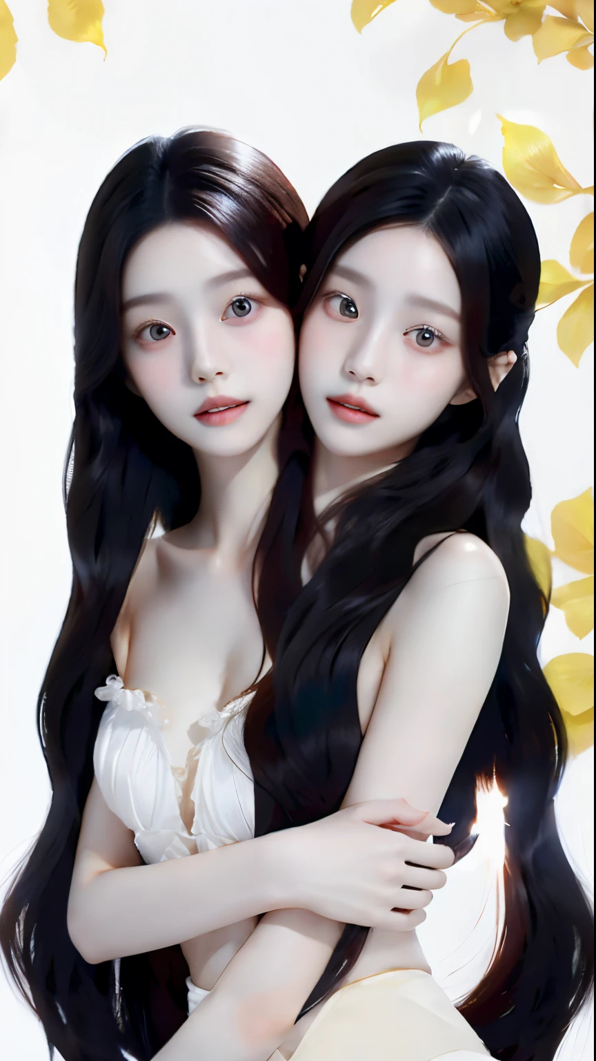 (Two heads), 1girl, face, white background, two heads spaced equally on one chest, very young, extremely long hair, under-dye, ornamental background, jewelry, spread-out hair, black hair