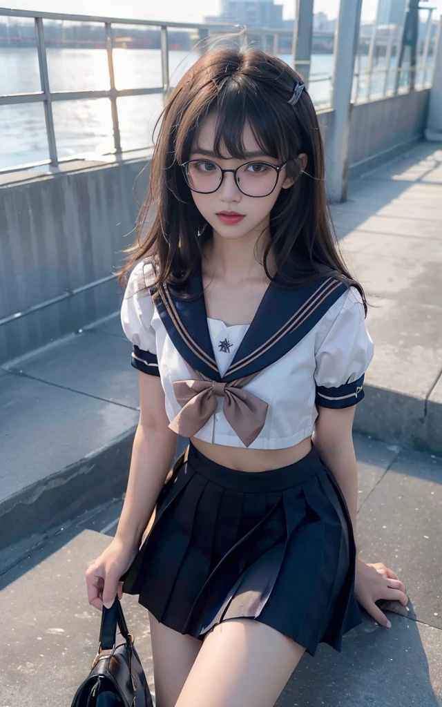 8k,cinematic lighting,top-quality,Top image quality,masterpiece,best quality,depth of field,ultra-detailed,from above,mideum shot,full body,1girl,Japanese,32 years old,(Gyaru:1.2),(Black hair,a short bob:1.2),(Oval light brown cell frame glasses:1.2),detailed brown eyes,(slender body:1.2),((flat chest:1.5)),slightly large hip,(tanned skin), (School Rooftop:1.1),sunset,magic hour,smile,(blushing:1.4),(short-sleeved JK_sailor),JK_style,(dark blue JK_skirt) ,(bow JK_tie),JK_style,JK_suit,