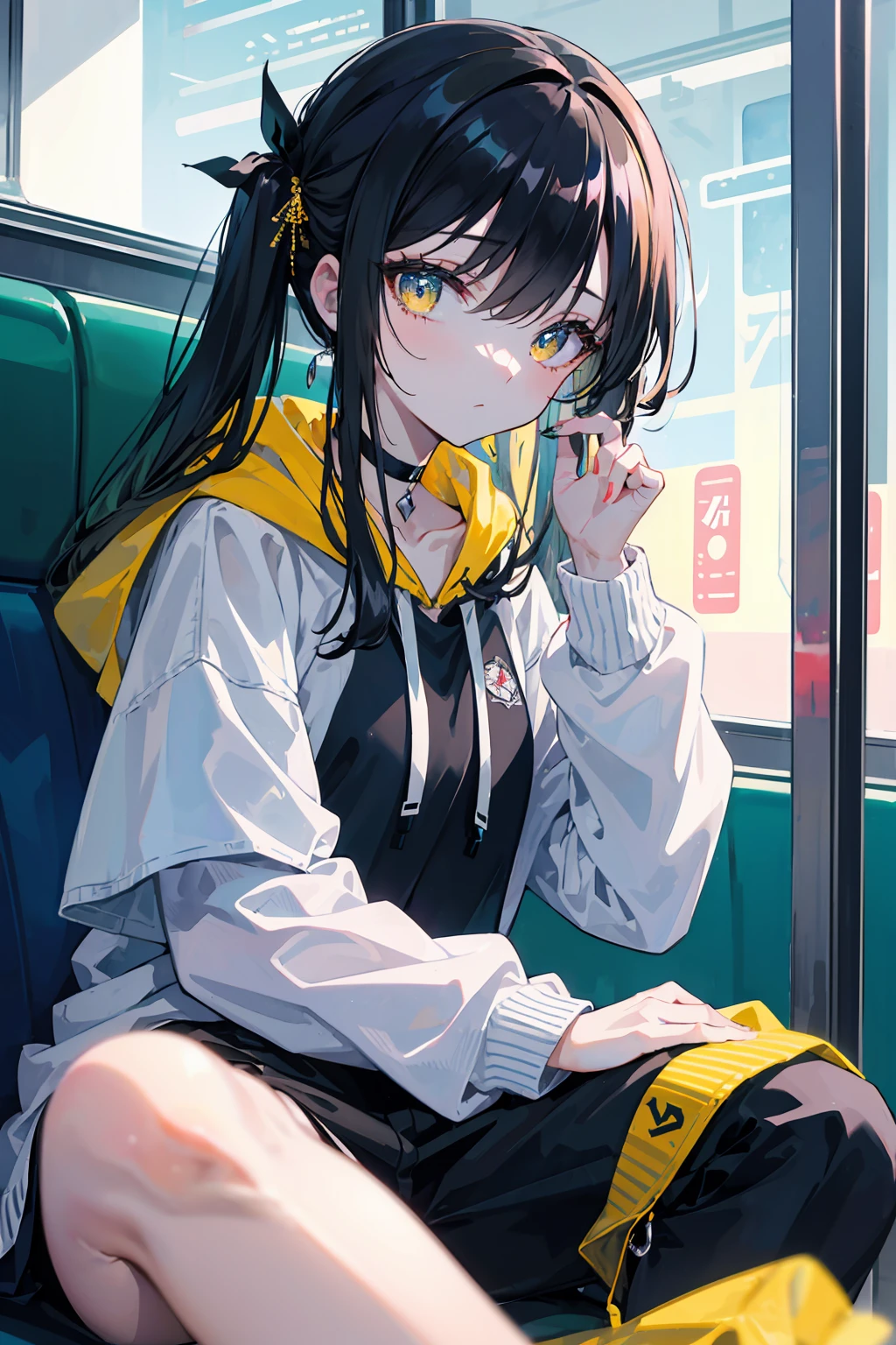 (masterpiece, best quality, 4k, insane details, watercolor, 1girl), long black hair, long twintails, cute hair pins, yellow eyes, choker, wearing a long black hoodie that covers her thighs, oversize clothes, sitting inside a train, leaning on the train window, cell shading, aesthetic, vibrant, perfect body, perfect hands, perfect eyes, detailed eyes, bokeh, reflections, cold atmosphere
