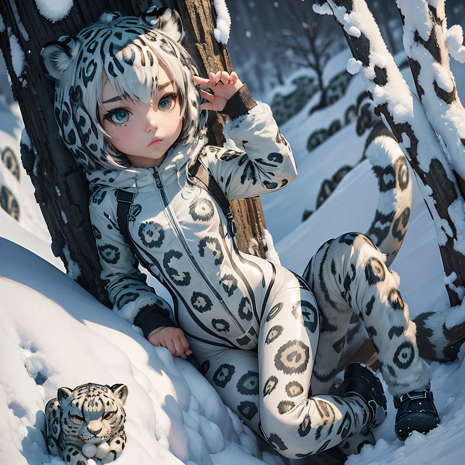 ​masterpiece、top-quality、ultra-detailliert、(Chibi Chara's Daughter:1.2),(snow leopard bodysuit:1.3),Snow leopard ears,Gray Hair Bob,fairy tale snow forest,sit on a snowy mountain,