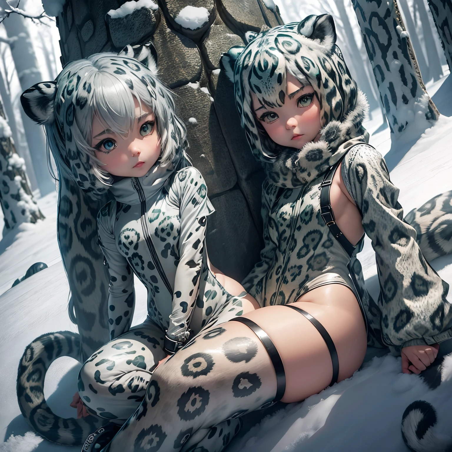 ​masterpiece、top-quality、ultra-detailliert、(Chibi Chara's Daughter:1.2),(snow leopard bodysuit:1.3),Snow leopard ears,Gray Hair Bob,fairy tale snow forest,sit on a snowy mountain,