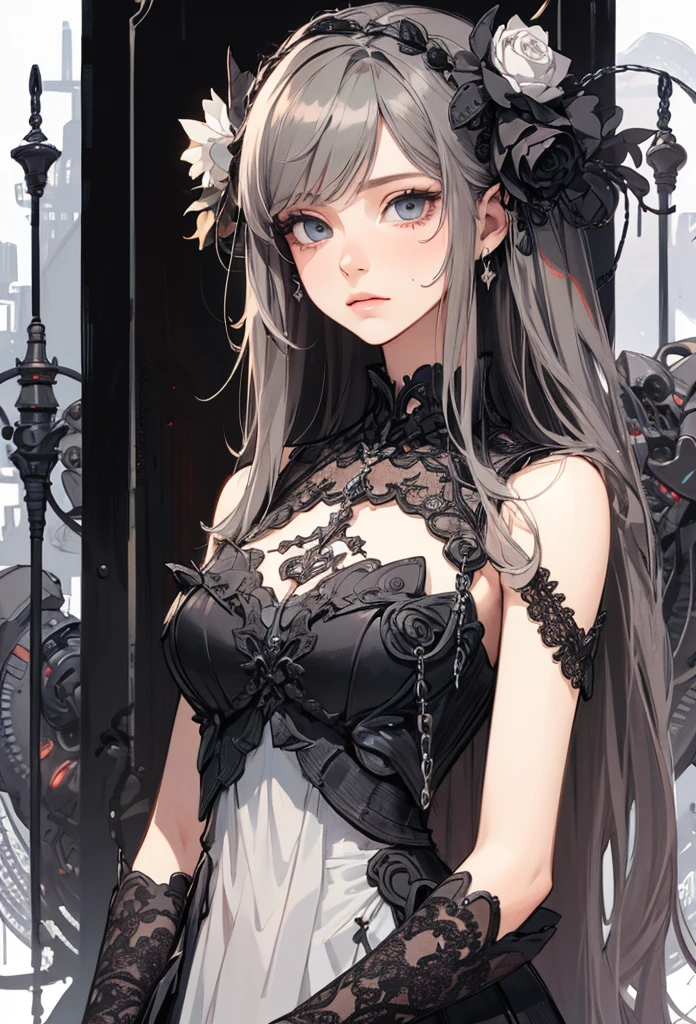 (Detailed illustrations,Very detailed and detailed drawing,Delicate lines with slow and rapid,Realistic texture expression),[Color tressed main line],[Ruins of a super-ancient civilization],[ANIME] (MACHINEAlice Beauty ) stright long hair [AUTOMATON],([Black Rose] Black dress) (Cyber Alien Armor [Through the material]) [caltrop] chains [Titanium alloy] [[Through the material]],Cybernetic Gothic Lolita,(Intricate and beautiful decoration [Dense detail]),(Fine and beautiful skin expression [Transparency]),[Perfect eye details (Iris beautifully drawn in every detail)[Jewel-like eyes]],[long and beautiful eyelashes],[Meticulously drawn hair [More on beautiful and shiny hair]],(Perfect hand details [Beautiful fingers without breakdowns [Beautiful nails]]),(Perfect Anatomy(Perfectly proportioned))[[Full body like]],[[Design built to the highest level]][Ideal color coordination(Accurate simulation of light-material interactions)],([Precision Detail](detaileds,high-detail)),[Visual art that conveys a sense of narrative].