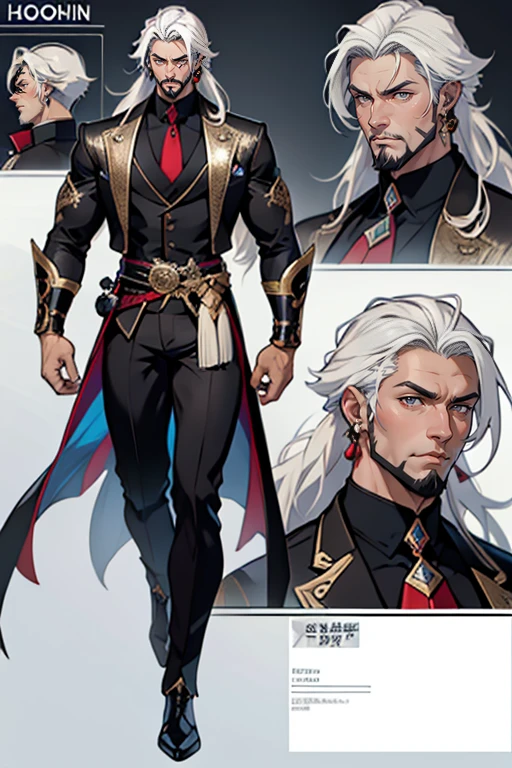 dark skin man, male, black eyes, white hair, long hair, anime style, 4k image, full body, holographic background, Character sheet, Handsome male. Perfect face, 6 ft 5 tall middle aged man. White hair. Long hair. Grey eyes. Beard. Eyepatch. Earrings. Toned body. Muscular male, character design sheet，full bodyesbian, Full of details, body front view, body back view,  Full body, muscle body, Formal Fantasy clothes. Genshin Impact. Hydro vision. Bulge in pants. Fontaine, ((Masterpiece, Highest quality)), Detailed face, character design sheet， full bodyesbian, Full of details, frontal body view, back body view, Highly detailed, Depth