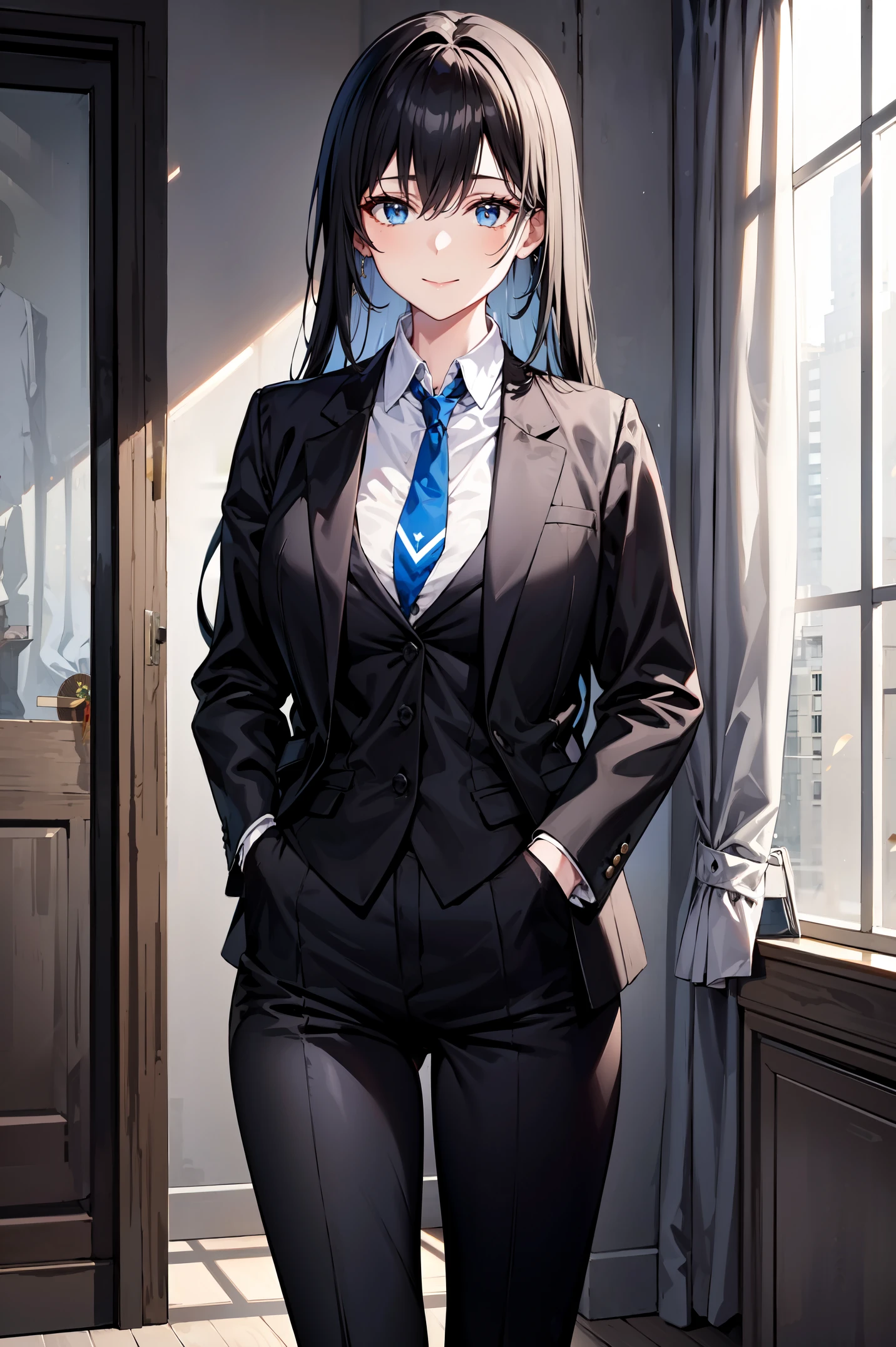 Yukinoshita Yukino ,A woman wearing a formal, attractive coat stands in a large gap in the room , 1girl, 独奏, blue necktie, Black hair, eyes blue, long  hair, smile , collared shirt, white pants, white shirt , Elegantly designed coat , Stand in front of the window ,Elegantly designed tailcoat made of shiny fabric