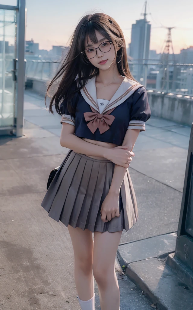 8k,cinematic lighting,top-quality,Top image quality,masterpiece,best quality,depth of field,ultra-detailed,from fr,Standing,mideum shot,full body,1girl,Japanese,32 years old,(Gyaru:1.2),(Black hair,a short bob:1.2),(Oval light brown cell frame glasses:1.2),detailed brown eyes,(slender body:1.2),((flat chest:1.5)),slightly large hip,(tanned skin), (School Rooftop:1.1),sunset,magic hour,smile,(blushing:1.4),(short-sleeved JK_sailor),JK_style,(dark blue JK_skirt) ,(bow JK_tie),JK_style,JK_suit,