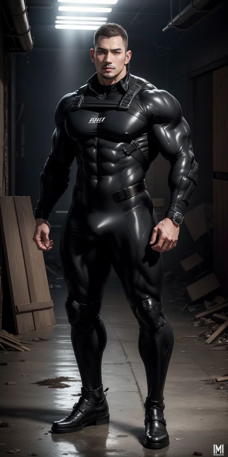 A tall, muscular man 2 meters tall opened his mouth and shouted.,He opened his mouth wide,character design(Resident Evil - Chris Redfield,Chris Redfield)Wearing a shiny dark gray wetsuit,The whole body is wrapped,High-end leather texture,Regular symmetrical texture pattern,Standing alone in an abandoned factory, Bright sunlight shines on the body,,expression sad,Deep and charming pupilale heroes,heroic masculine pose,Tall and burly,musculous!Sexy and attractive leg muscles,tall, Burly, and strong, Wearing a shiny dark gray wetsuit, Super gain and cool, commission for high resolution, Big feet wearing dark gray boots,Charming strong man,Bright sunlight shines on the body,Reflective and shiny