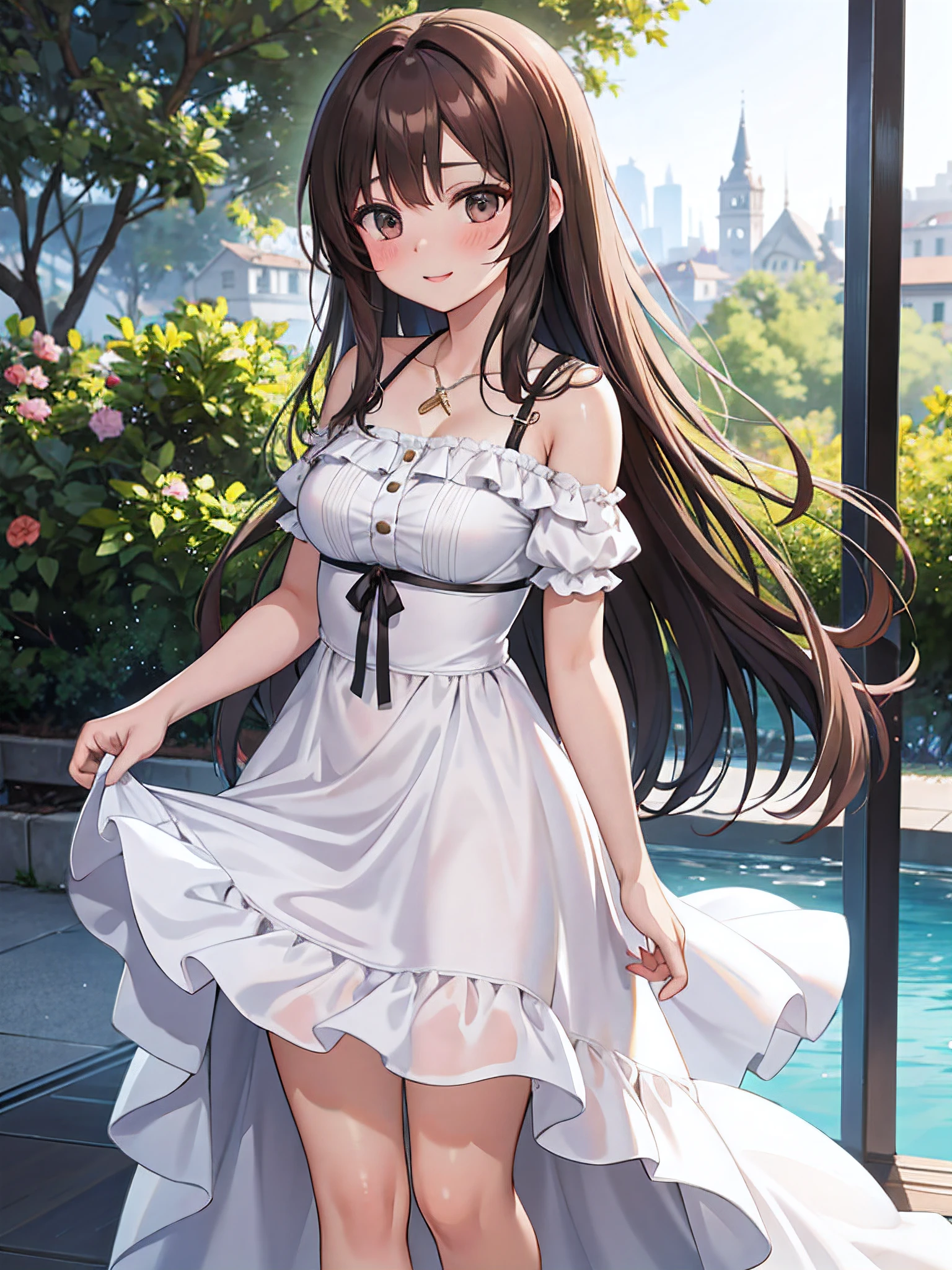 mujer, Vistiendo un vestido de verano, brown-hair, elegante, hermosa, Shy, delicada, alegre,, Romantic light, en la cuidad.