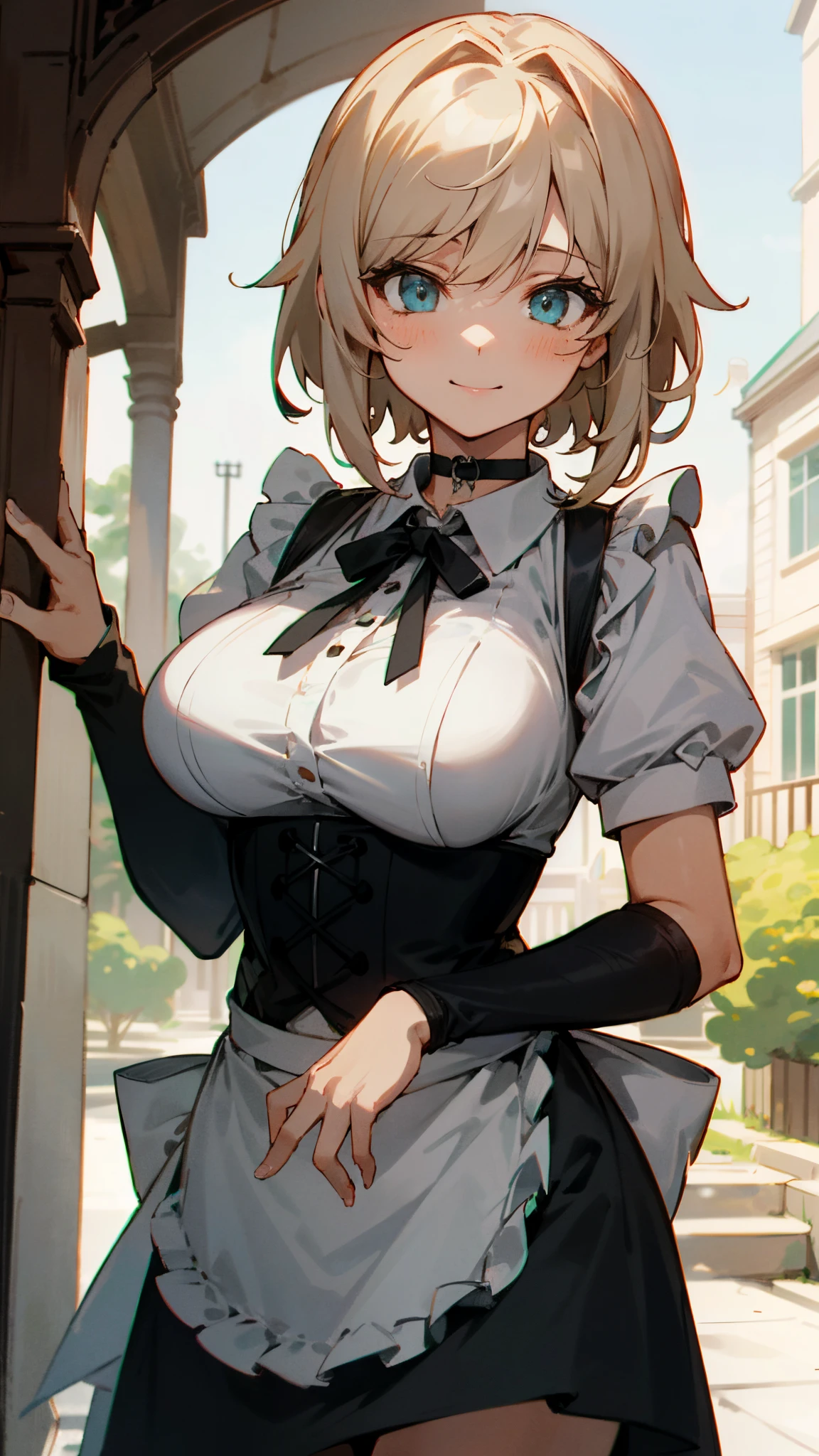 an extremely delicate,
beautiful girl,
break,
8k,
best quality,
masterpiece,
ultra hires,
ultra detailed girl,
super fine illustration,
break,
sexy pose,
best detailed girl,
shiny,
outdoors,
bright,
rim lighting,
break,
1girl,
solo,
junior,
perfect female body,
short stature,
short hair,
air bangs,
long bangs between eyes,
fluffy hair,
white streaked brown hair,
smile,
round face,
azure eyes,
colored skin,
large breasts,
thin thighs,
break,
black shirred Maid Dress,
apron,
black corset with straps,
Katyusha,
choker ribbon, cufflinks,