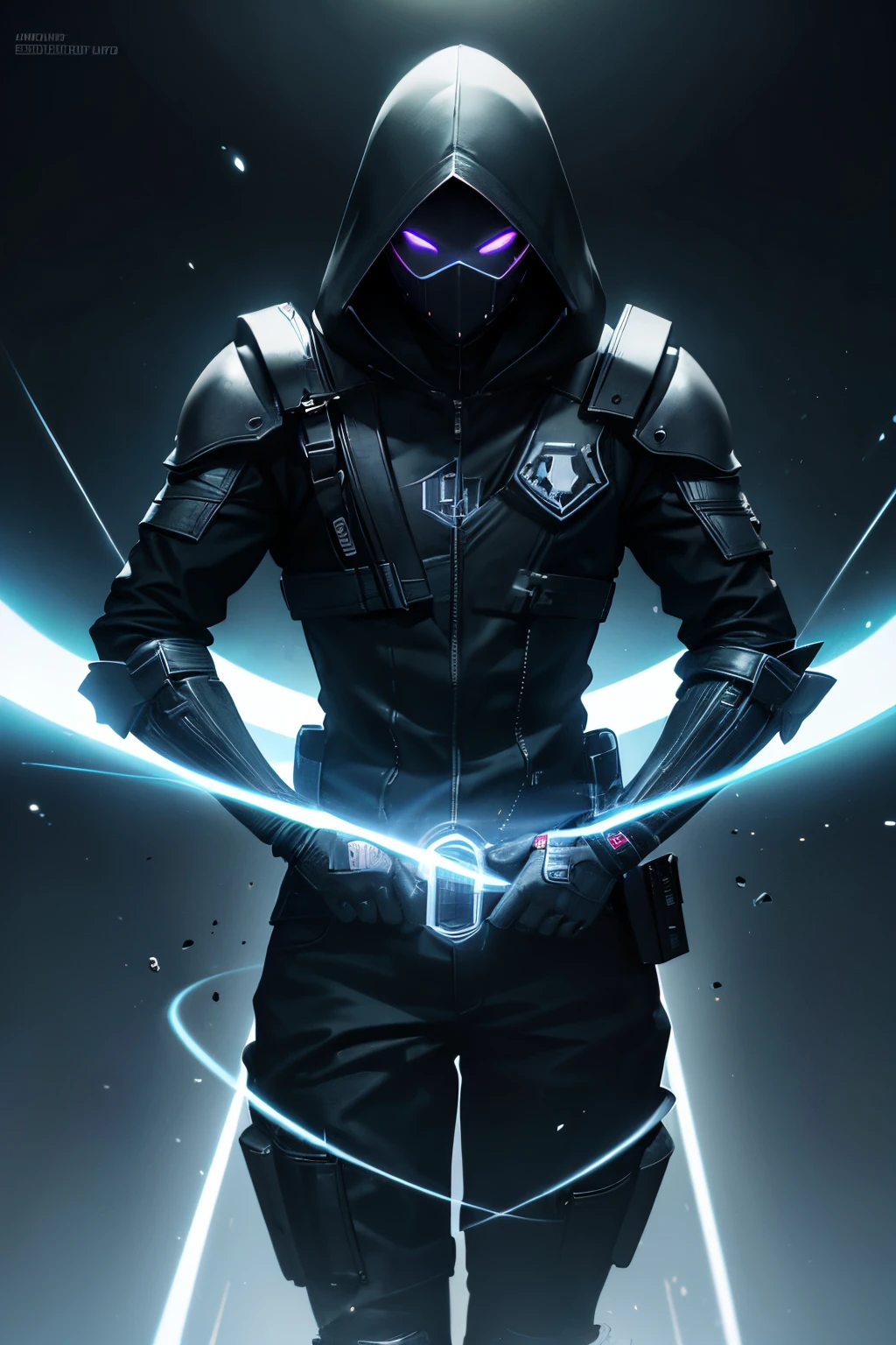 Hero with gray hood with a dark face and gray eyes thunder Design a character who is a little scary Hacker, Badass👑, fundo neon preto e cinza, Epic lighting, Photography Lighting, reflection mapping, Ultra Detalhado, fotorrealista, cinemactic, movie quality rendering, vfx post production, rtx ray tracing lighting, atmosfera mal-humorada, sombra