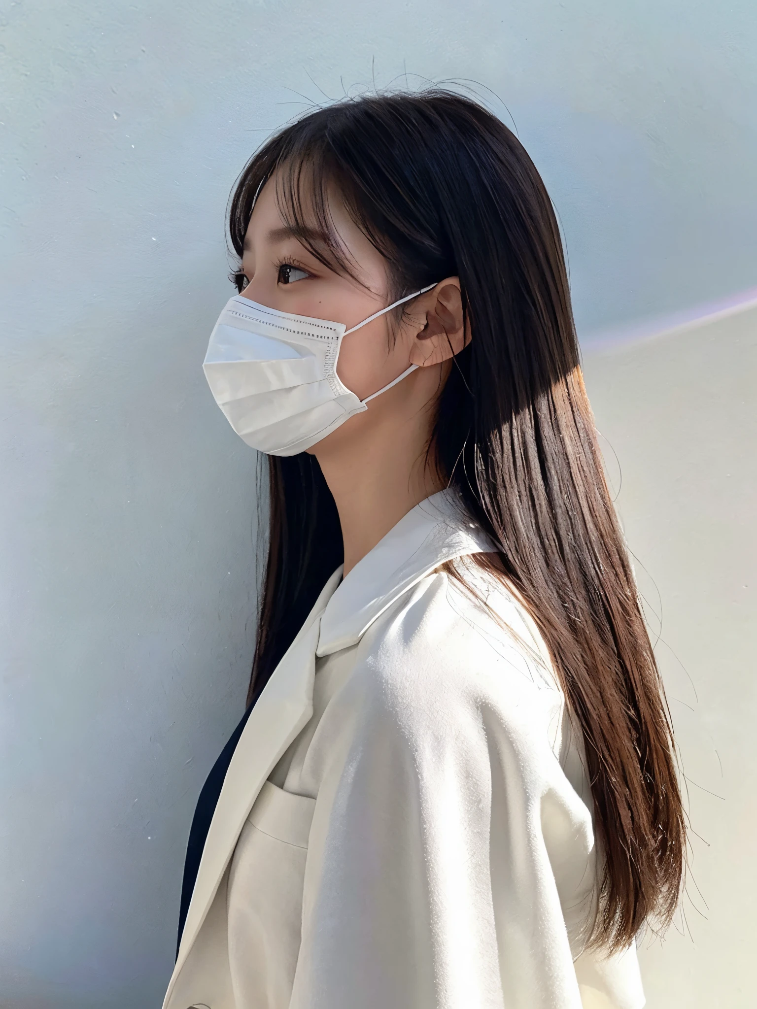 ​masterpiece、top-quality、The ultra -The high-definition、、colourfull、flat-colors、depth of fields、lens flare 1 girl、white walls、Taken in front of the white door、(white wall room with window)、A dark-haired、not looking at viewer、suspender rack jacket、JINS、Wear a face mask、profile、(Beautiful profile:1.women's pictures&#39;Back of、Don't look at the camera、Beautiful back、smooth hair、Glossy hair、straight haired、Medium Hair、posterior view、Beautiful back、Wear a face mask、Shot in natural light、