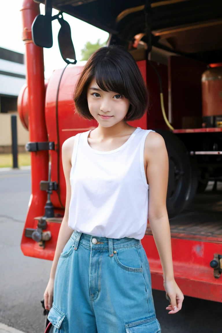 Beautiful girl standing in front of an oil tank truck、()、summer clothing、short-hair、japanes、Doya face、Half Cargo Pants、
