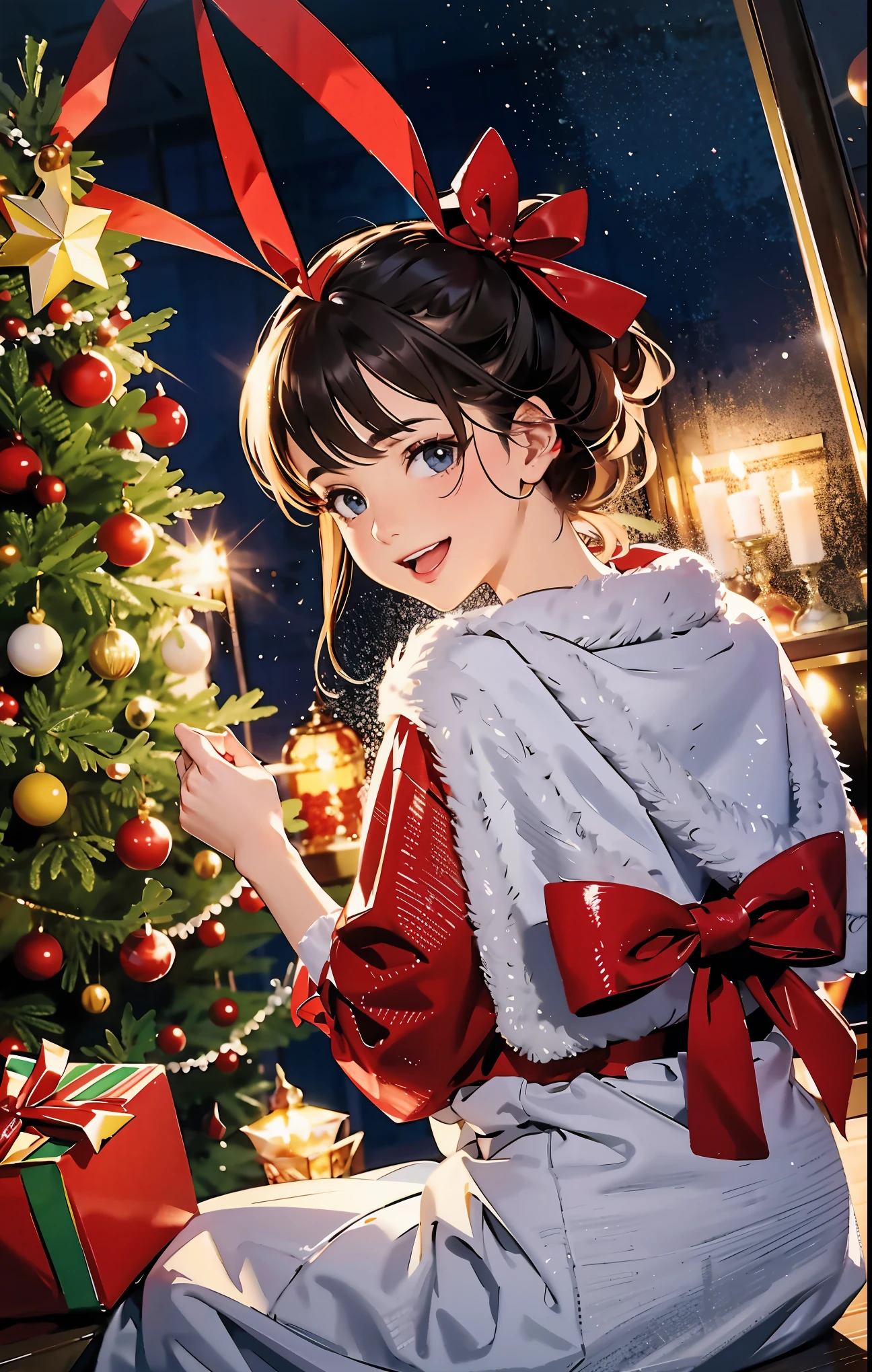 finest image, 8k, RAW photo, realistic, detailed, delicate, flashy and dynamic depiction, five years old, beautiful girl crying with surprise and happiness after receiving a Christmas present, a living room decorated for Christmas, and a puppy
