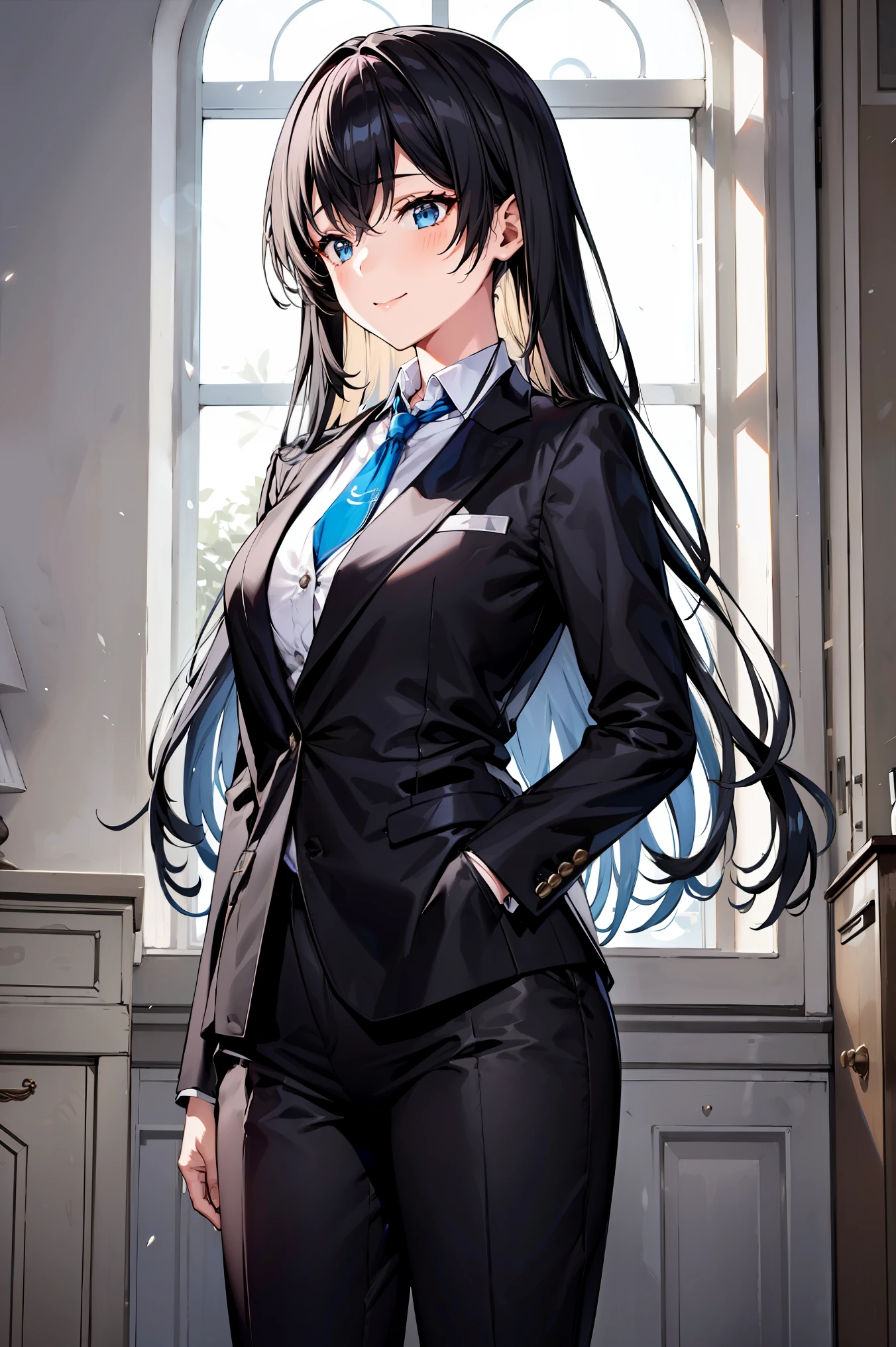 Yukinoshita Yukino ,Woman wearing formal clothes, An attractive coat stands in a large gap in the room , 1girl, 独奏, blue necktie, Black hair, eyes blue, long  hair, smile , collared shirt, white pants, white shirt , Elegantly designed coat , Stand in front of a window ,Elegantly designed tailcoat made of shiny fabric