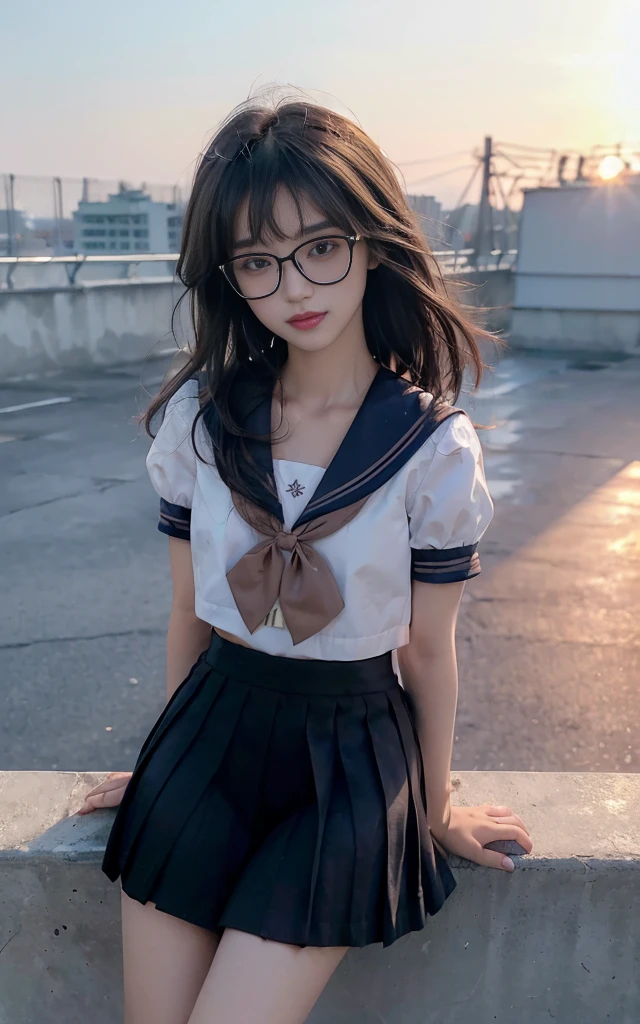 8k,cinematic lighting,top-quality,Top image quality,masterpiece,best quality,depth of field,ultra-detailed,from fr,Standing,mideum shot,full body,1girl,Japanese,32 years old,(Gyaru:1.2),(Black hair,very short messy bobcut:1.2),(Oval light brown cell frame glasses:1.2),detailed brown eyes,(slender body:1.2),((flat chest:1.5)),slightly large hip,(tanned skin), (School Rooftop:1.1),sunset,magic hour,smile,(blushing:1.4),(short-sleeved JK_sailor),JK_style,(dark blue JK_skirt) ,(bow JK_tie),JK_style,JK_suit,