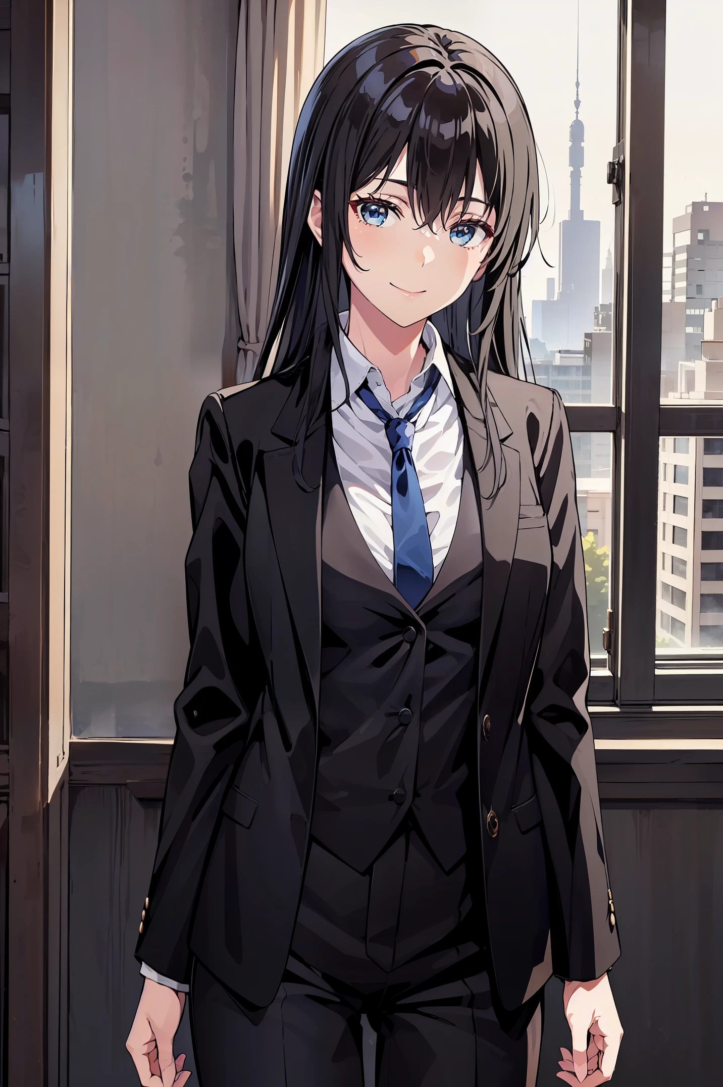 Yukinoshita yukino ,woman in formal attractive tailcoat standing in a large alcove in the room , 1girl, solo, blue necktie, black hair, blue eyes, long hair, smile , collared shirt, white pants, white shirt , tailored tailcoat elegant , standing in front of a window ,tailcoat tailored to elegant crafted from the lustrous fabric