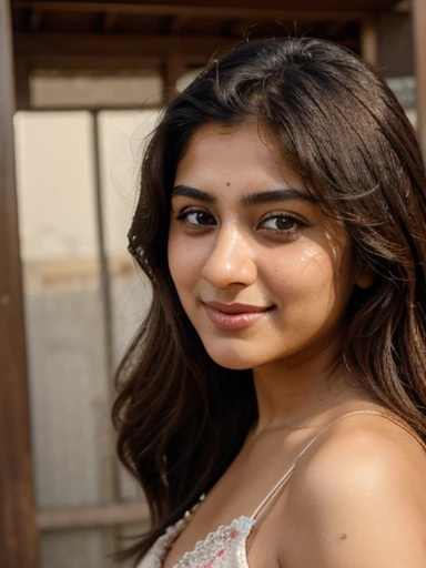 4k 2.4 photography, closeup portrait of Pakistani girl Huma 20years old semi curvy, very cute and attractive girl, with breaded hair, seductive smile her face. Hazel eyes.