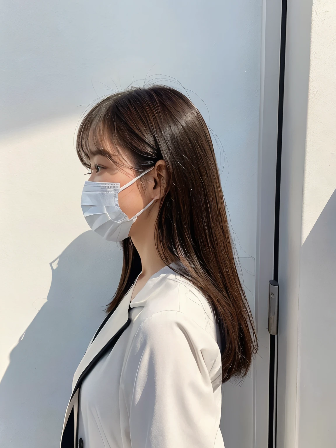 masterpiece、top-quality、The ultra -The high-definition、、colourfull、flat-colors、depth of fields、lens flare 1 girl、white walls、Taken in front of the white door、(white wall room with window)、A dark-haired、not looking at viewer、suspender rack jacket、JINS、Wear a face mask、profile、(Beautiful profile:1.photograph of a woman's back、Don't look at the camera、Beautiful back、smooth hair、Glossy hair、straight haired、Medium Hair、posterior view、Beautiful back、Wear a face mask、Shot in natural light、