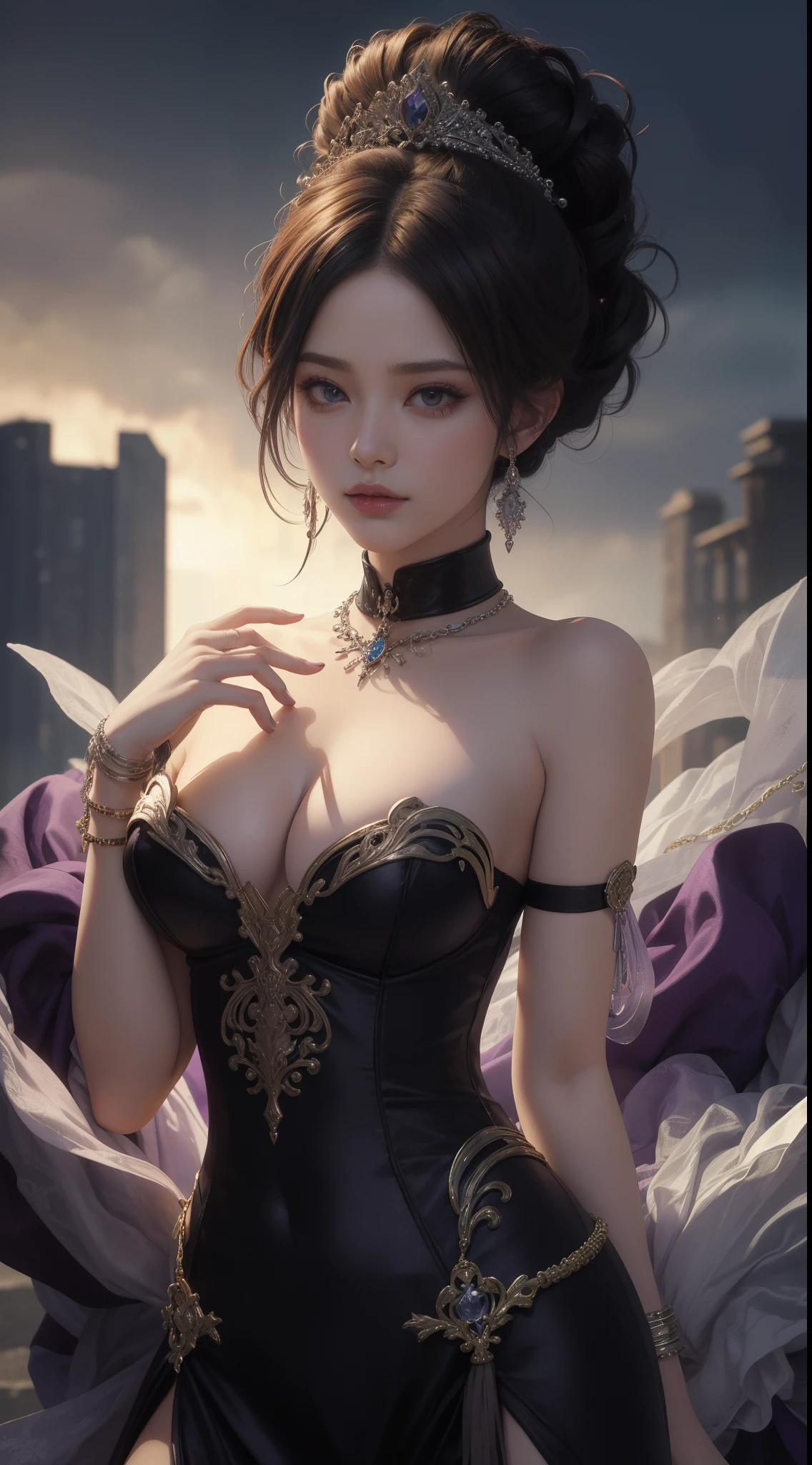 tmasterpiece，Highest image quality，Bondage bust of beautiful slave sister，Exquisite purple updo hairstyle，blacksilk，Decorated with a range of metal chokers and anklets，Ultra-detailed details，advanced。At the Pixiv Art Station，Break your own power，，The kinky is exposed，R-18G