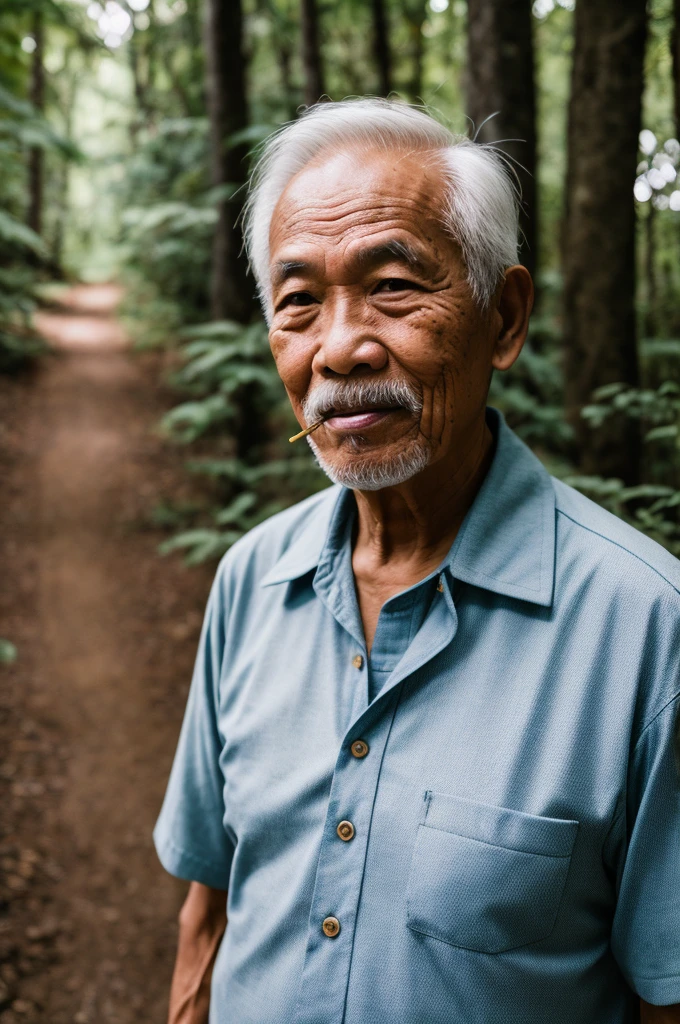 RAW photo, a portrait photo of 75 y.o filipino man, toothpick in mouth, retro '70s shirt with wide collar, traveler clothes, standing in the forest, natural skin, 8k uhd, high quality, film grain, Fujifilm XT3