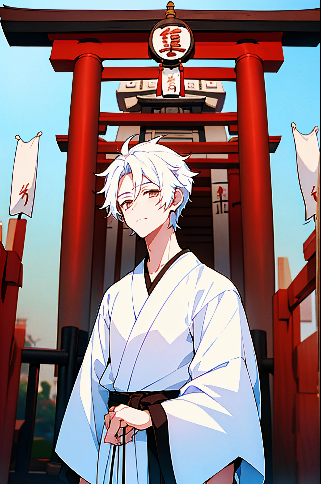 a boy, transformed into an anime style, white hair, with japanese hakama, japanese torii, japanese temple, young, calm, handsome