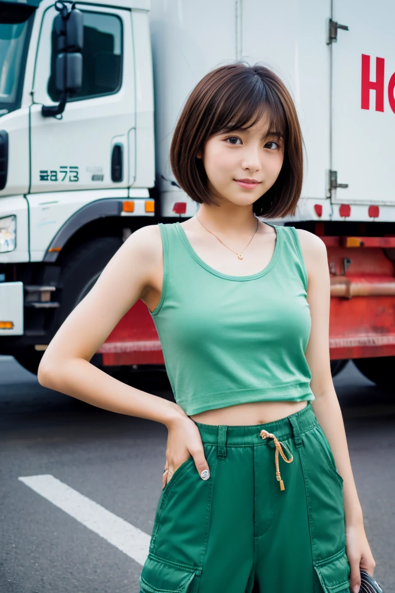 Beautiful girl standing in front of an oil tank truck、()、summer clothing、short-hair、japanes、Doya face、Half Cargo Pants、tall、