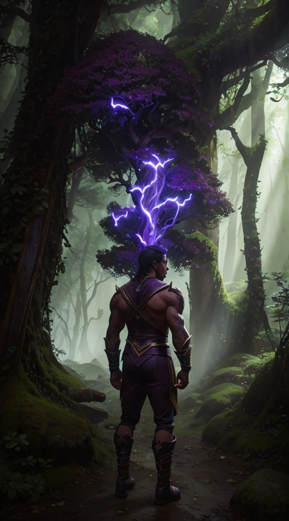homen de cabelo preto social bruxo musculoso de cavanhaque League of Legends, 4K Skin Congregation of witches, forest scenery with purple power