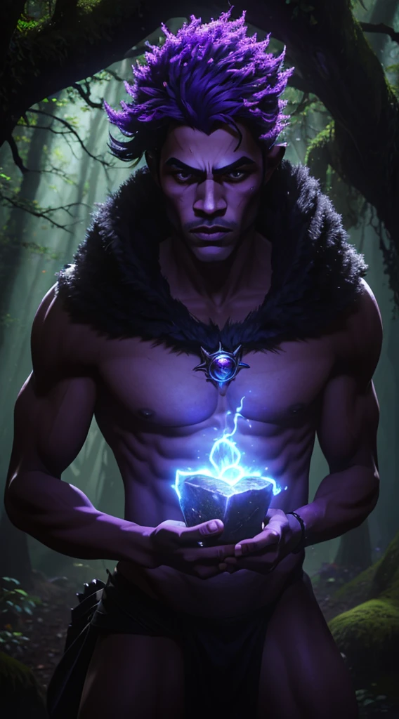 homen de cabelo preto social bruxo musculoso de cavanhaque League of Legends, 4K Skin Congregation of witches, forest scenery with purple power