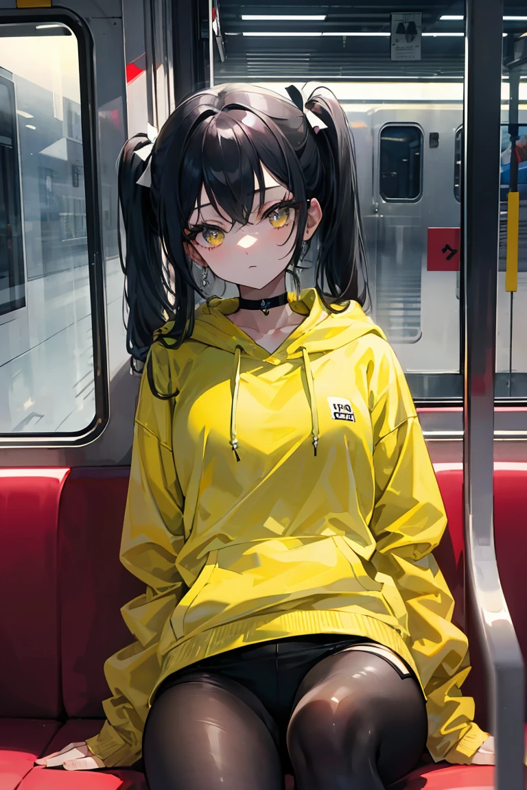 (masterpiece, best quality, 4k, insane details, watercolor, 1girl), long black hair, long twintails, cute hair pins, yellow eyes, choker, wearing a long black hoodie that covers her thighs, oversize clothes, sitting inside a train, leaning on the train window, cell shading, aesthetic, vibrant, perfect body, perfect hands, perfect eyes, detailed eyes, bokeh, reflections, cold atmosphere