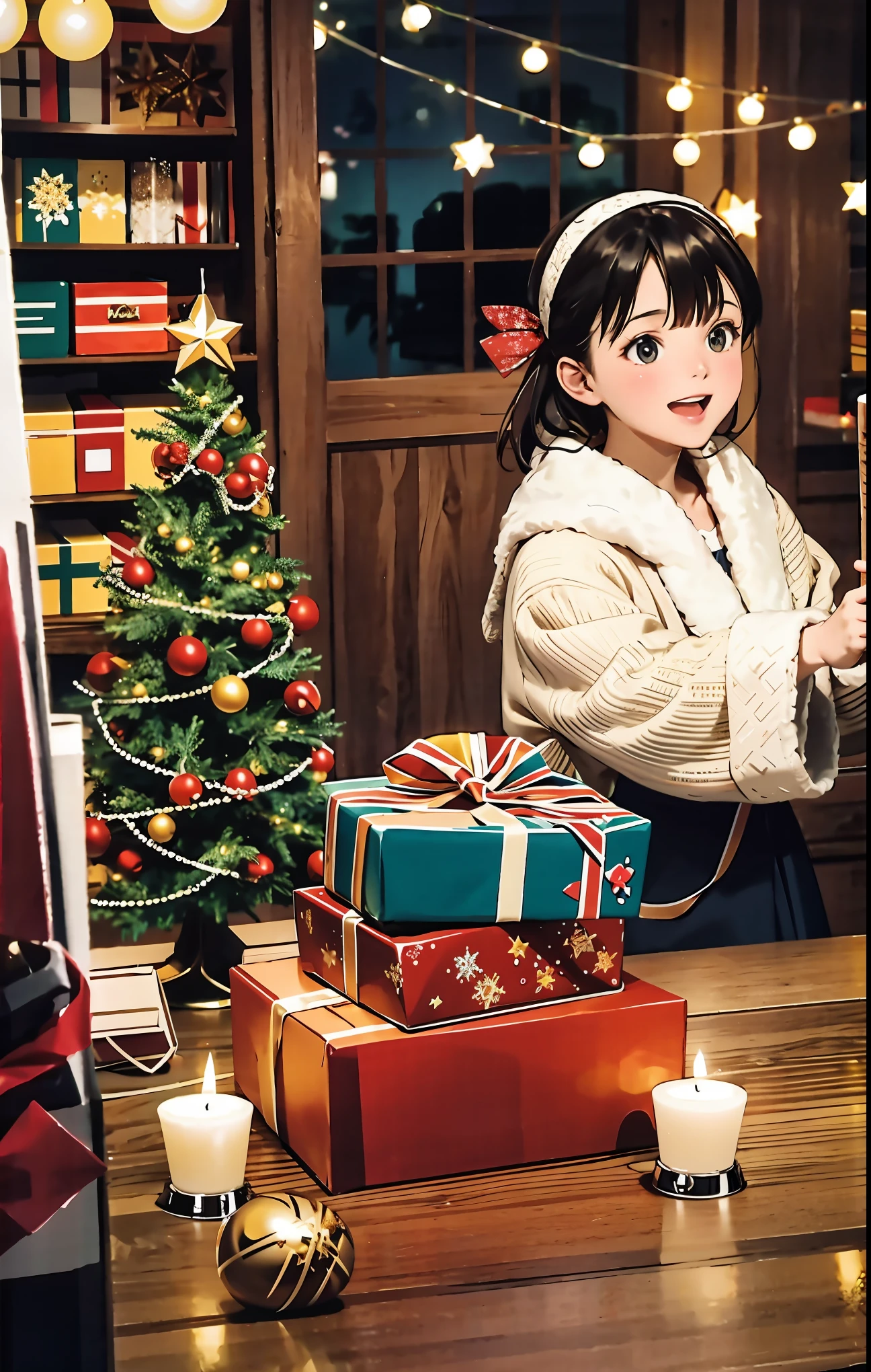 (best quality,4k,8k,highres,masterpiece:1.2),ultra-detailed,realistic,gifts,table,Christmas tree,decorations,wrapping ,bows,ribbon,presents,holiday spirit,vibrant colors,warm lighting,cozy atmosphere,toys,cards,candles,snowflakes,joyful,celebration,exquisite details,exciting surprises,shiny ornaments,sparkling tinsel,beautifully wrapped,excited children,anticipation,festive mood,magical ambiance,delightful moment,wonderful memories,family gathering,cheerful faces,Christmas magic,extravagant,abundance of presents,HDR,UHD,studio lighting,ultra-fine painting,sharp focus,physically-based rendering,professional,vivid colors,bokeh.