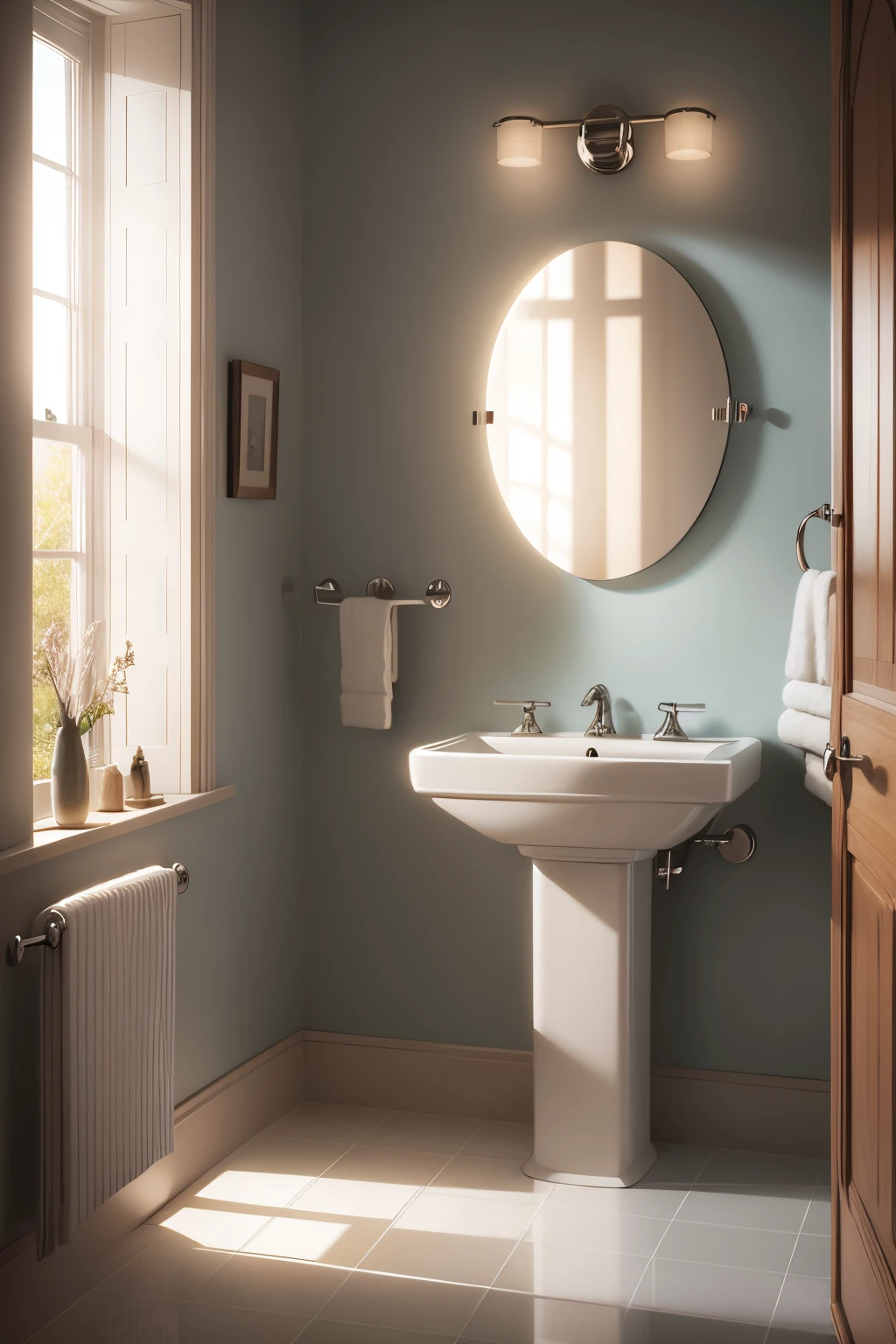 Bathroom scene with morning light window, hyper realistic, high resolution