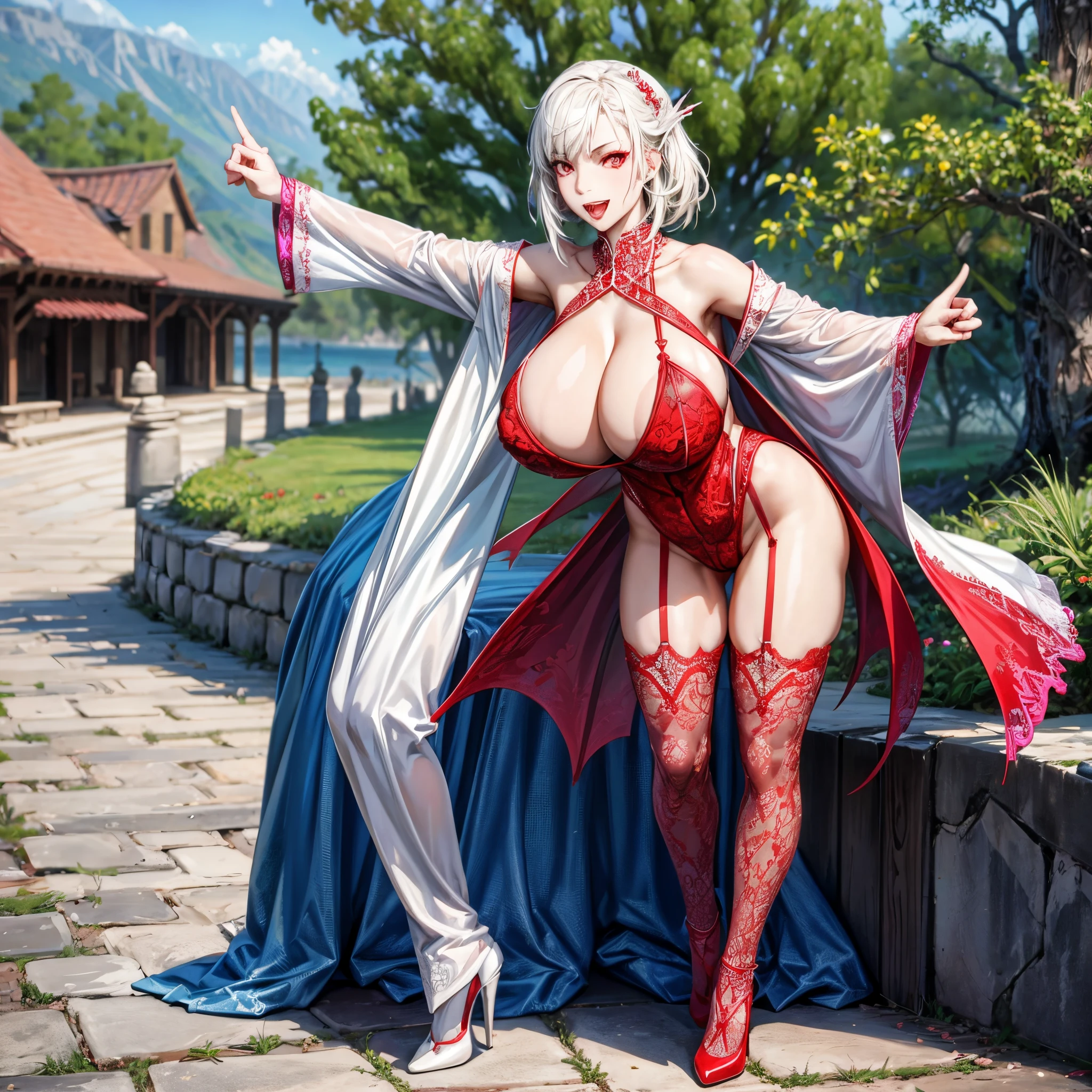 beautiful alluring white vampire with fangs extended red eyes SFW huge breasts intricate fancy dress, full body, dynamic pose, full HD
