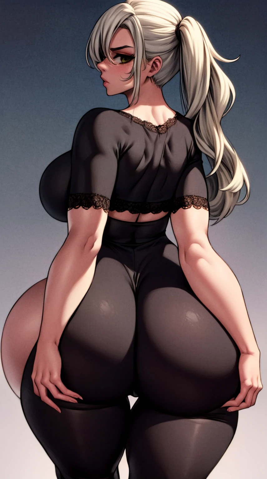 (best quality:1.2, Absurdres), (masterpiece:1.4,ultra detailed),jay marvel style,1girl,white hair,yellow eyes,long eyelashes,makeup,pink lips,pouting,parted lips,thick lips, intricate details, gorgeous girl,detailed eyes and detailed face, (black lace bra :1.4,black thong:1.4,black thigh highs:1.2,midriff,sleeves over arms), absurdly long hair ,long ponytail,hair over shoulders, side locks, bangs between eyes, shiny skin,soft, soft volumetric lighting, perfectly drawn hands, full body, ((thick thighs, wide hips, slim waist, thigh gap, perfect body, huge ass, huge breasts ,navel,)), cameltoe, perfect anatomically correct hands ,standing,hand on waist,(from back:1.4), (artstation:1.2),hotel room