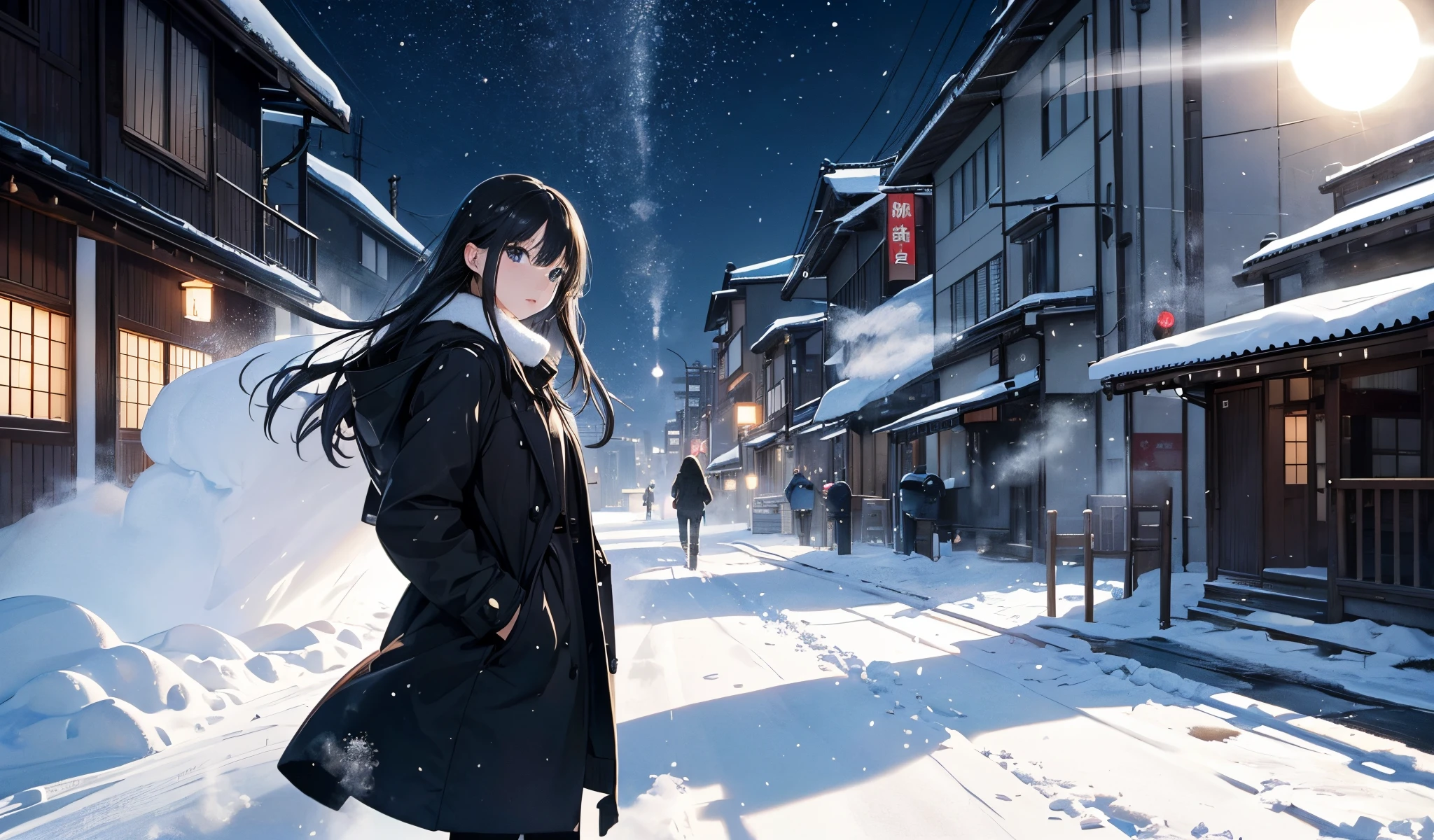 top-quality、Top image quality、masterpiece、Girl in her 20lack Duffel Coat、black trousers、holding a torch、18year old、 Ager、Best Bust、big bast,Beautiful light blue eyes, Long Black Hair、A slender,Large valleys、Reflecting the whole body)),hiquality、Beautiful Art、Background with((snow blowing、glowing sun、city nigth 、Yuki))masterpiece、depth of fields,Japan Anime Style