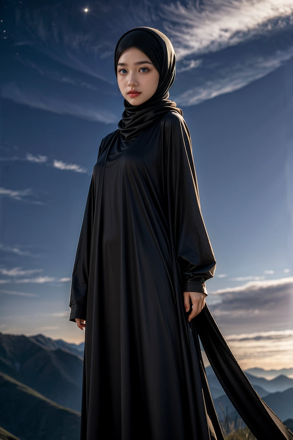 (Half-body:1.1), (loli:1.5), long tshirt Outfit, (RAW photo, Materpiece, Best Quality), (hijab:1.4), (headscarf:1.2), Flower Mountain, Landscape view, Galaxy Blackhole style, on the skies wave, The unknown existence of the seventh heaven, Clothes that are covered and polite, long-sleeved Hijab clothes, look polite and elegant, ((Best Quality Hijab Hair, Hair close with Hijab))