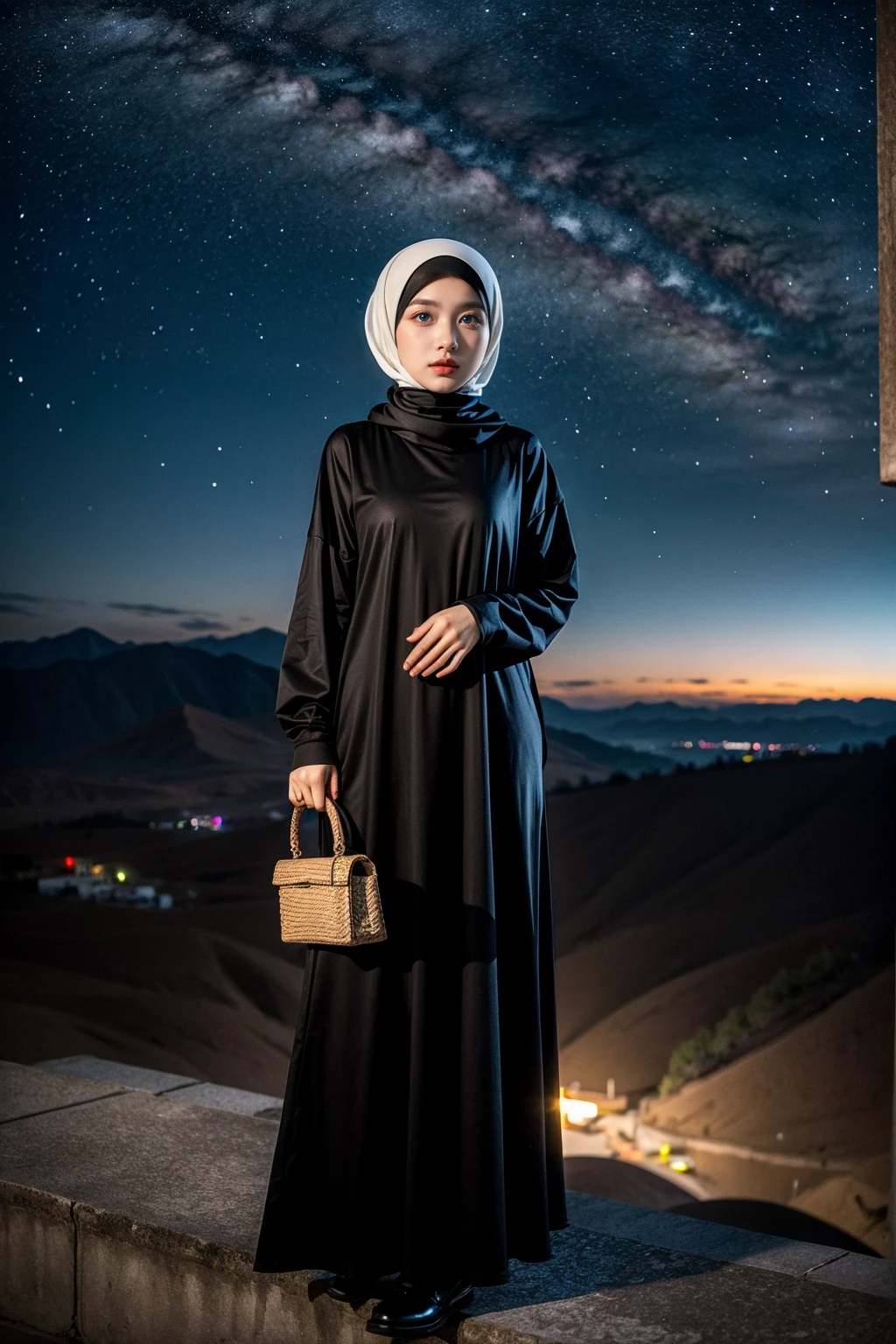 (Half-body:1.1), (li:1.5), long tshirt Outfit, (RAW photo, Materpiece, Best Quality), (hijab:1.4), (headscarf:1.2), Flower Mountain, Landscape view, Galaxy Blackhole style, on the skies wave, The unknown existence of the seventh heaven, Clothes that are covered and polite, long-sleeved Hijab clothes, look polite and elegant, ((Best Quality Hijab Hair, Hair close with Hijab))