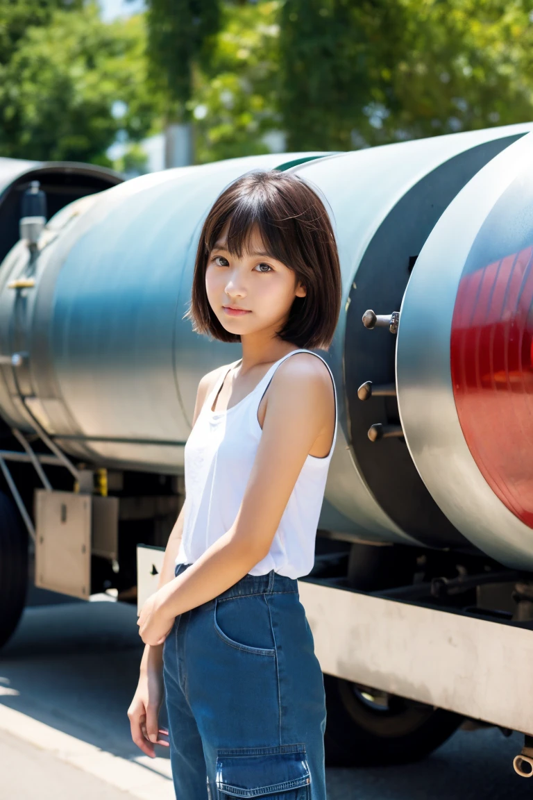 Beautiful girl standing in front of an oil tank truck、(sixteen years old)、summer clothing、short-hair、japanes、Doya face、Half Cargo Pants、tall、