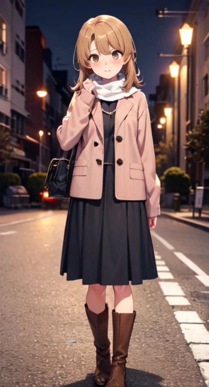 Isshiki Roha,Long Straight, brown haired, ,Brown-eyed, long court,muffler,Sweaters,long skirt,brown short boots,red blush,In the street,Cold sky,weather(yuki),Solo,