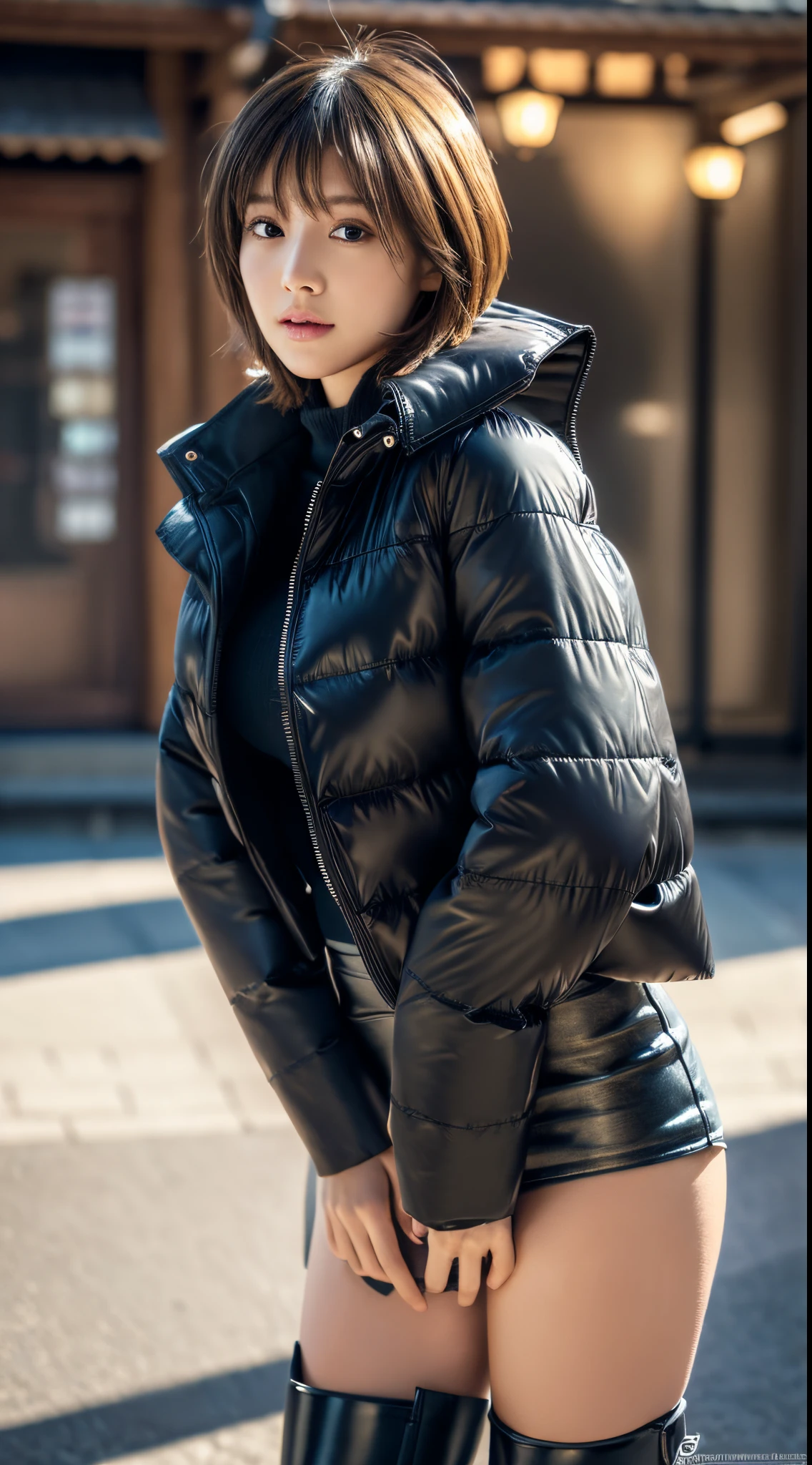 1girl,(full body:1.4),(wearing a black puffer jacket:1.4),(black leather miniskirt:1.4),(long boots:1,4),(RAW photo, best quality), (realistic, photo-realistic:1.4),masterpiece,Attractive Japan Woman Pictures, an extremely delicate and beautiful, extremely detailed, 2k wallpaper, Amazing, finely detail, extremely detailed CG unity 8k wallpaper, ultra-detailed, highres, soft light, beautiful detailed girl, extremely detailed eyes and face, beautiful detailed nose, beautiful detailed eyes,cinematic lights,perfect anatomy,(bob hair:1.3),sexy pose,