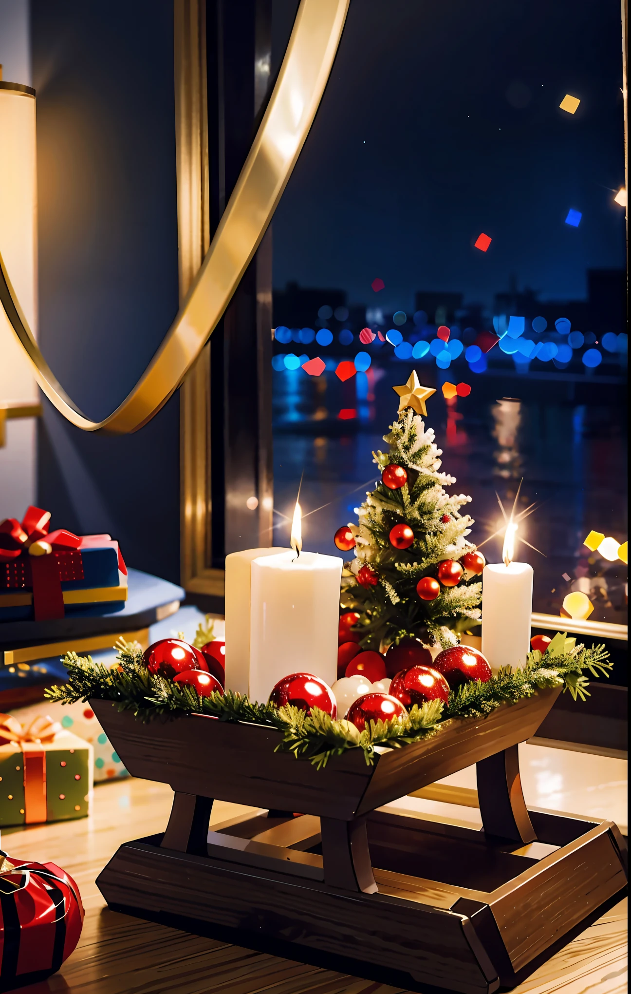(best quality,4k,8k,highres,masterpiece:1.2),ultra-detailed,realistic,gifts,table,Christmas tree,decorations,wrapping ,bows,ribbon,presents,holiday spirit,vibrant colors,warm lighting,cozy atmosphere,toys,cards,candles,snowflakes,joyful,celebration,exquisite details,exciting surprises,shiny ornaments,sparkling tinsel,beautifully wrapped,excited children,anticipation,festive mood,magical ambiance,delightful moment,wonderful memories,family gathering,cheerful faces,Christmas magic,extravagant,abundance of presents,HDR,UHD,studio lighting,ultra-fine painting,sharp focus,physically-based rendering,professional,vivid colors,bokeh.