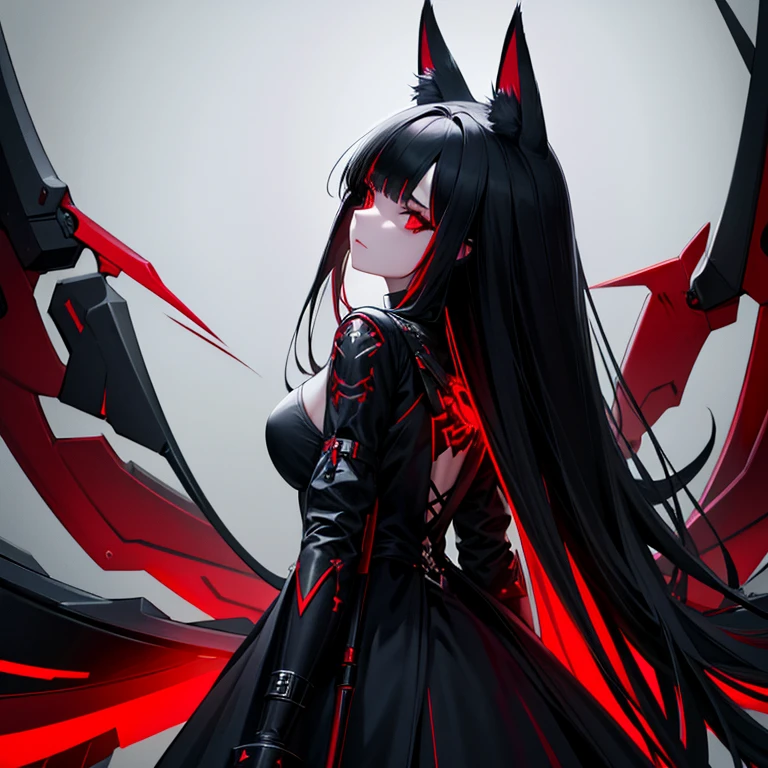 (best quality), 1girl, head tilt, grim expression, dark black hair with red accents, fox ears, black gothic futuristic dress with red accents, sharp scythe blades from the back, cyberspace background, facing thr camera